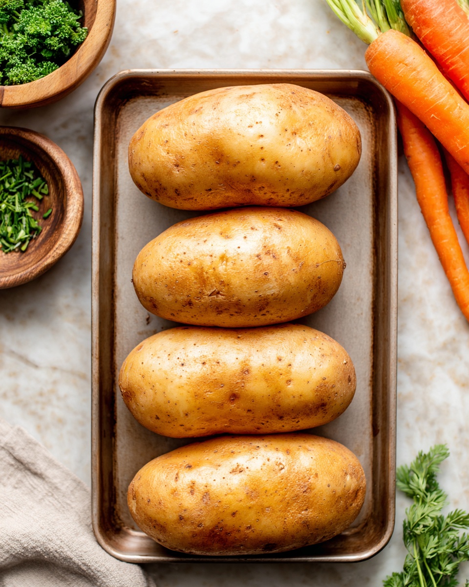 Four medium-sized golden brown potatoes sit in a row on a tray with a light grayish surface. The potatoes have a smooth, slightly shiny texture with small spots and soft wrinkles, showing they are cooked. Behind the tray, there are fresh green herbs in a wooden bowl on the left and a bunch of bright orange carrots on the right, all placed on a white marbled surface. The scene has warm, natural light highlighting the textures and colors. Photo taken with an iphone --ar 4:5 --v 7