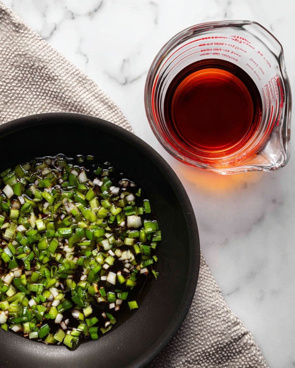 The image on the left shows a dark pan with small pieces of chopped green and white vegetables cooking in oil, scattered unevenly across the pan's center and sides. The pan sits on a white marbled surface with a textured cloth partially visible. The image on the right features a clear glass measuring jug filled with smooth, reddish-brown liquid, resting on the same white marbled surface. The jug's red measurement markings are visible, and the liquid surface has a slight shine. photo taken with an iphone --ar 4:5 --v 7