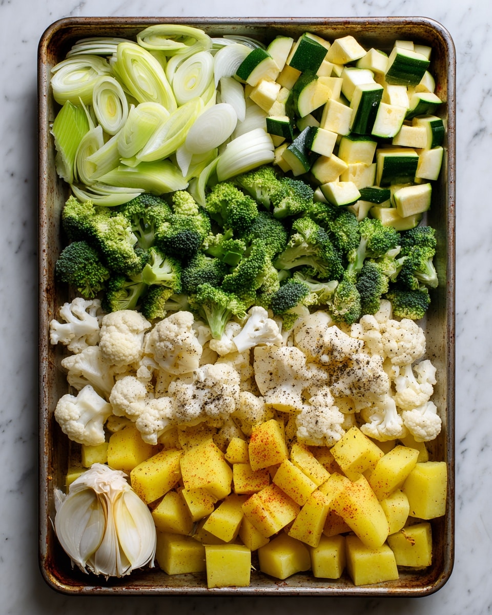 A baking tray on a white marbled surface holds five layers of chopped vegetables arranged in sections: the top left corner has thickly sliced leeks with light green and white colors, the top right corner shows cubed zucchinis with pale green and darker green skins, the middle left and center area is filled with bright green broccoli florets, the middle right side displays white cauliflower florets sprinkled with black pepper, and the bottom section is covered with yellow cubed potatoes also seasoned with black pepper. A halved head of garlic rests in the bottom left corner of the tray. The vegetables appear raw and evenly spaced across the tray. Photo taken with an iphone --ar 4:5 --v 7