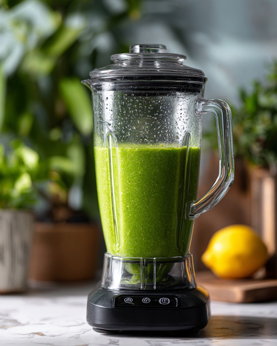 A clear blender filled with a vibrant green smoothie that has a thick, smooth texture filling about three-quarters of the blender container. The blender lid is transparent and locked in place, with small drops of condensation inside. The blender is placed on a black base with digital buttons visible on the front. In the blurred background, there are green plants and a yellow lemon on a wooden surface. The setting is bright with soft natural light coming from the left side, on a white marbled surface behind the blender photo taken with an iphone --ar 4:5 --v 7