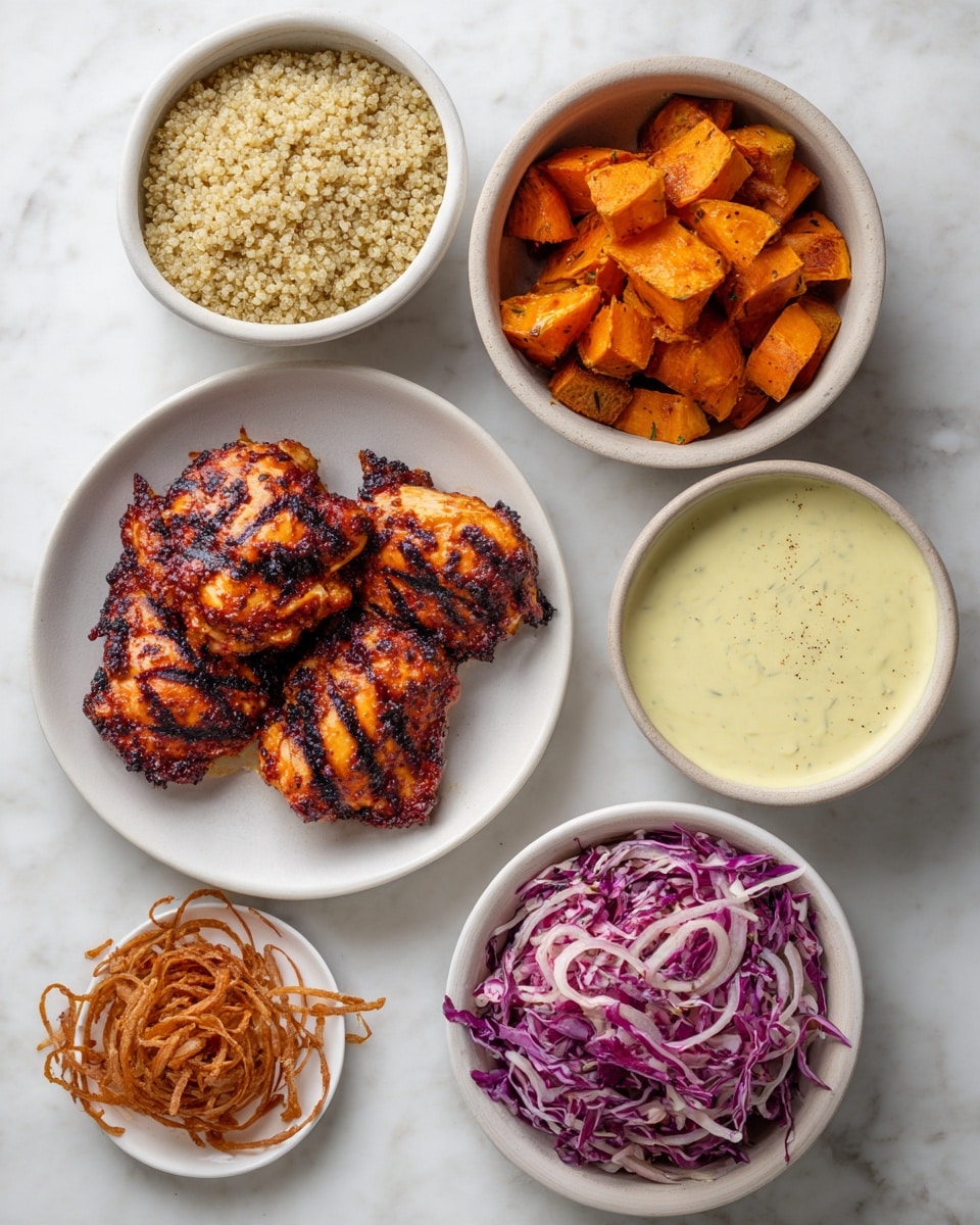 There are five white bowls and plates placed on a white marbled surface. One round white plate holds three grilled chicken pieces with dark grill marks and a reddish-brown color. Above it, one small white bowl contains light brown cooked quinoa with a fluffy texture. To the right, a white bowl is filled with roasted sweet potato chunks, showing a mix of orange and browned edges. Below that is a white bowl with purple and orange coleslaw made from shredded cabbage and carrots. Next to the coleslaw bowl is a white sauce dish filled with a creamy light yellow dressing with small brown specks. Lastly, a tiny white dish holds a small pile of thin crispy fried onions near the bottom left. photo taken with an iphone --ar 4:5 --v 7