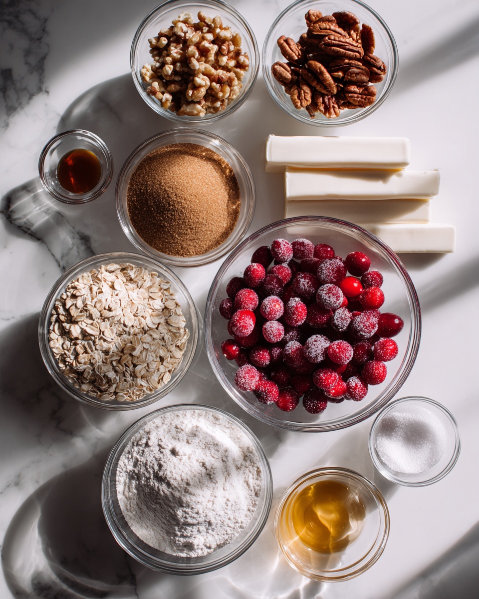 The image shows a white marbled surface with clear glass bowls holding different ingredients arranged neatly. In the middle, a bowl of bright red frozen cranberries stands out with a frosty texture. Surrounding it are layers of light brown soft sugar in a clear bowl, chopped nuts mixing light and dark brown pieces in a bowl at the top, and a couple of white sticks of unsalted butter stacked horizontally below it. Other bowls hold white flour with a fine, powdery texture, rolled oats with a rough, flaky look, and white corn starch with a fluffy appearance. Smaller bowls hold white granulated sugar, coarse salt, cinnamon powder with a warm brown color, light golden syrup, and a clear liquid. The sunlight coming from the left side creates soft shadows and bright highlights on the ingredients. photo taken with an iphone --ar 4:5 --v 7