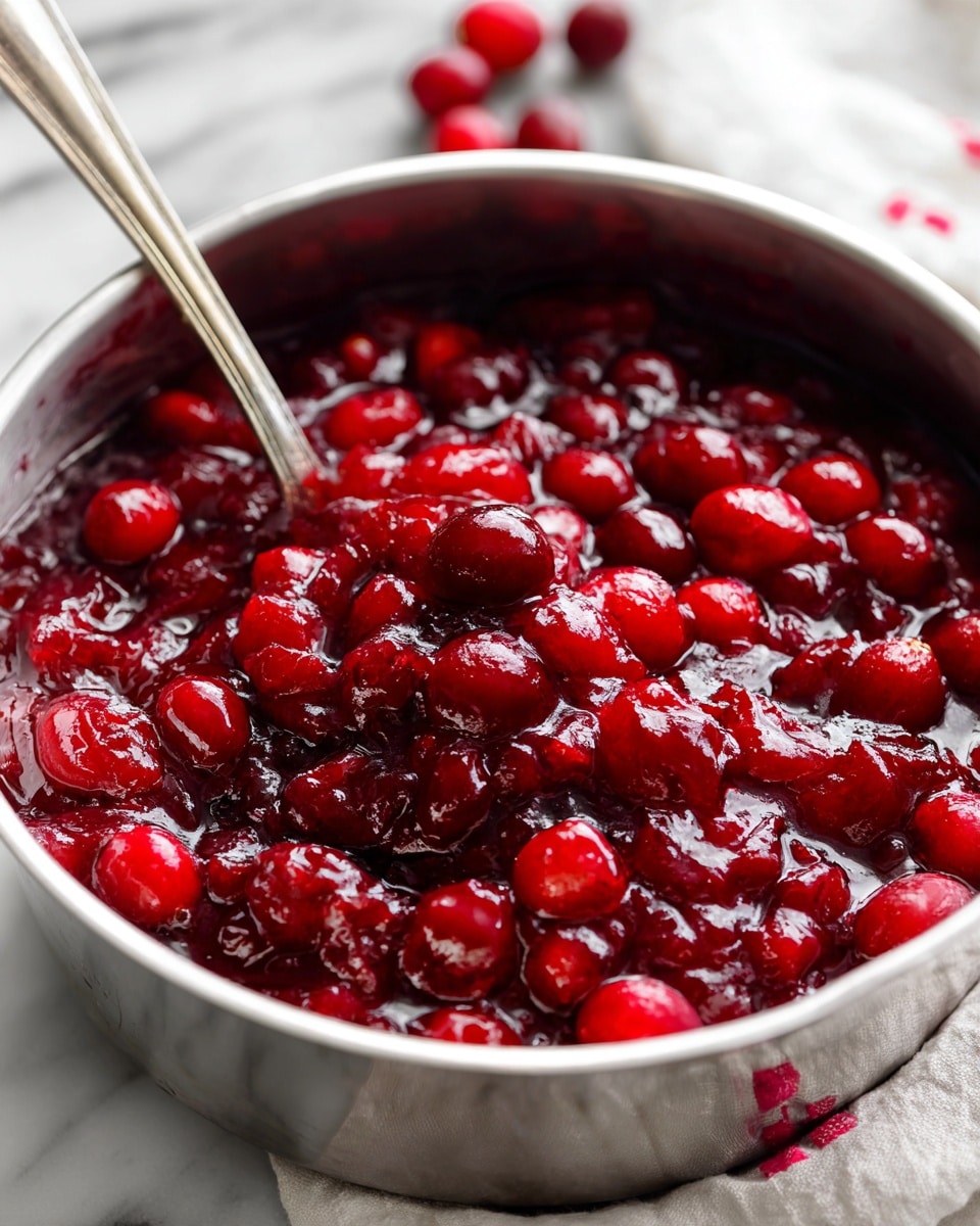 A close-up view of a pot filled with bright red cranberry sauce. The sauce has many whole and partially crushed cranberries, creating a thick, glossy texture with rich red shades. The pot is silver and sits on a white marbled surface with a cloth underneath showing small red cherries. The cranberry sauce looks glossy, shiny, and slightly chunky, filling the pot almost to the brim photo taken with an iphone --ar 4:5 --v 7
