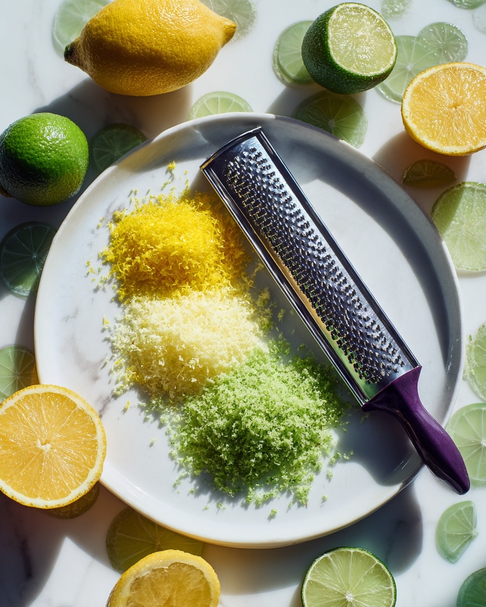 On a white plate, there are three small piles of finely grated zest from citrus fruits, one pile is yellow and the other two are bright green, each with a light fluffy texture. A long, thin grater with a dark purple handle lies diagonally across the plate. Around the plate, whole and halved citrus fruits with yellow and green colors are placed on a white marbled surface with a pattern of green circles and slices. The scene is bright with natural light. photo taken with an iphone --ar 4:5 --v 7