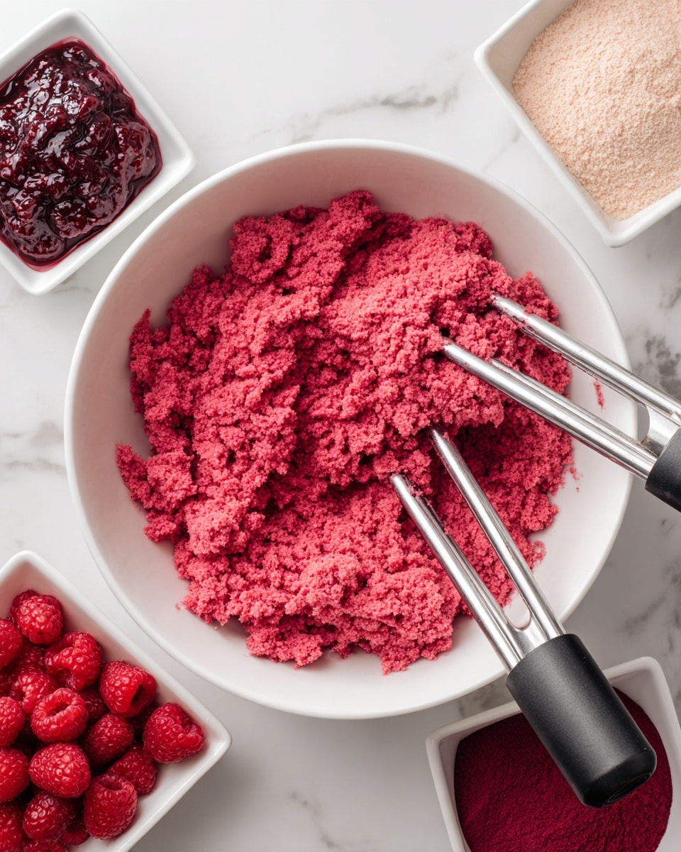 A large white bowl filled with crumbly bright pink dough sits in the center, with two metal beaters partially embedded in the mixture from a black electric mixer on the right side. Around the bowl are four small white dishes: one at the top left contains chunky dark red raspberry jam, another at the top right holds fine raspberry powder, and a third at the bottom left is filled with fresh whole raspberries. The background is a white marbled texture beneath the arrangement. photo taken with an iphone --ar 4:5 --v 7