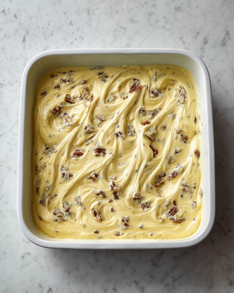 A square white baking dish filled with a single thick layer of smooth, yellowish mixture that has small, scattered pieces of darker ingredients embedded within. The mixture appears creamy with visible folds and swirls unevenly spread across the surface, covering the entire dish. The dish is placed on a white marbled texture. photo taken with an iphone --ar 4:5 --v 7
