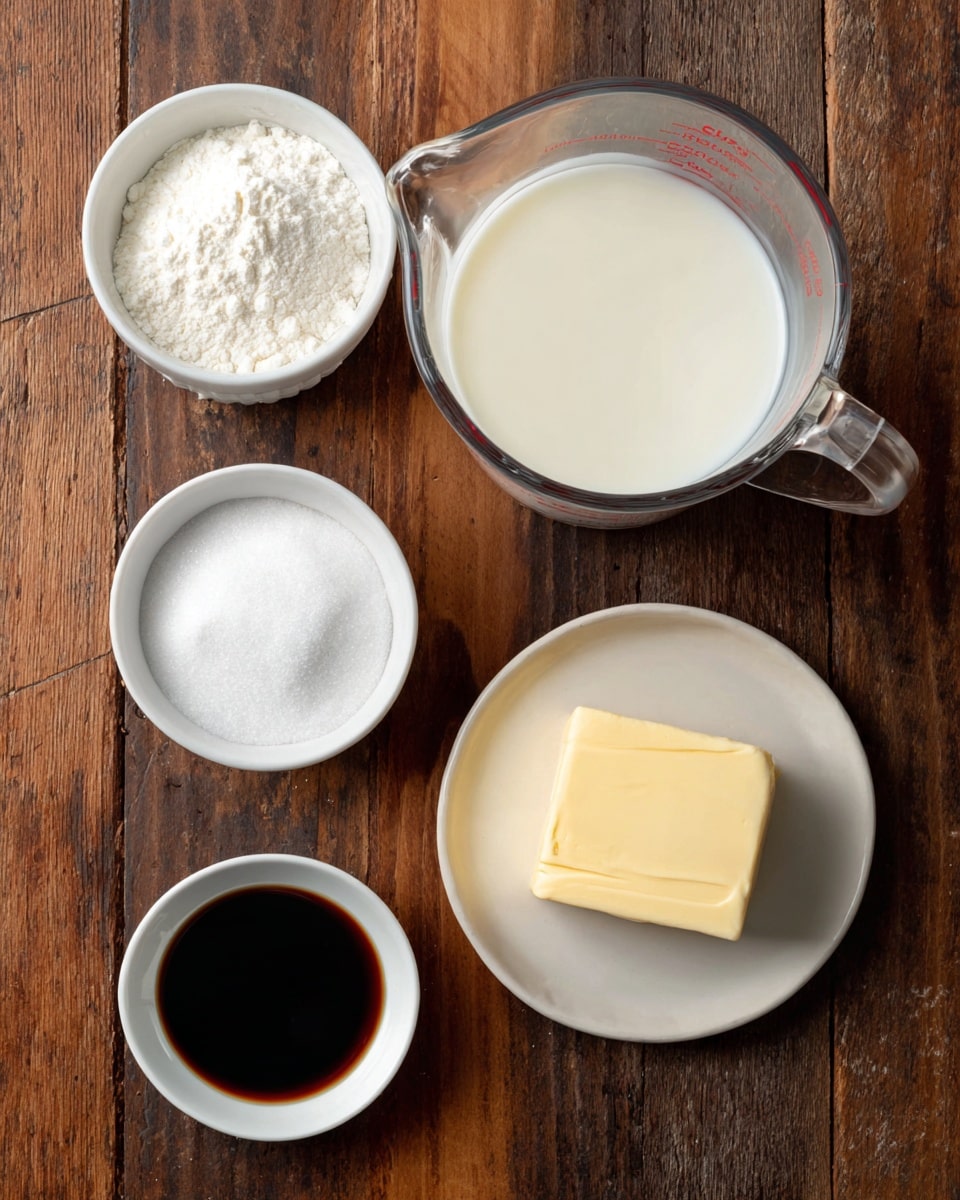 The image shows five containers with ingredients on a wooden surface. In the center, there is a large clear glass measuring cup filled with white liquid, likely milk. To the left of it, two small white bowls hold white powdery ingredients, one seeming to be flour and the other sugar. On the right side, a small white plate holds a pale yellow solid piece of butter, while below it, a small white bowl contains a dark brown liquid, likely vanilla extract. The wooden surface contrasts with the white dishes, making the ingredients stand out clearly. photo taken with an iphone --ar 4:5 --v 7