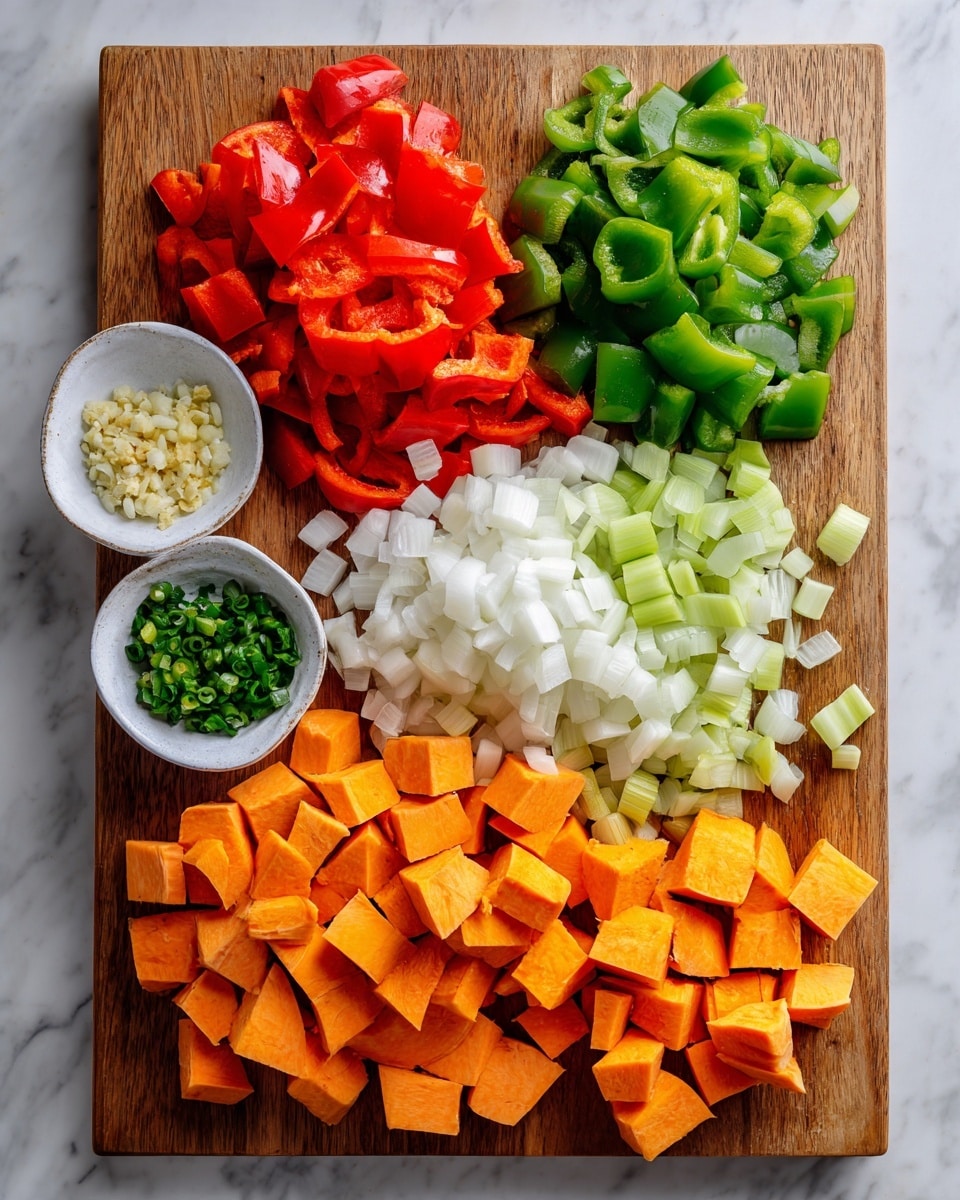 The image shows a wooden board covered with six groups of chopped vegetables arranged closely together. On the bottom right, there are large chunks of orange sweet potato. Above them, there's a pile of medium-sized green bell pepper pieces with smooth edges. To the left of the green peppers, there are bright red bell pepper chunks, cut into small square pieces. Above the red peppers and to the right, there is a heap of white onion pieces, also small and cubed. At the top right corner, there are pale green celery pieces in small chunks. On the left side of the board, two small white bowls hold finely chopped ingredients: the top bowl contains chopped green chili peppers, while the bottom bowl holds minced garlic. The whole scene rests on a white marbled texture surface photo taken with an iphone --ar 4:5 --v 7