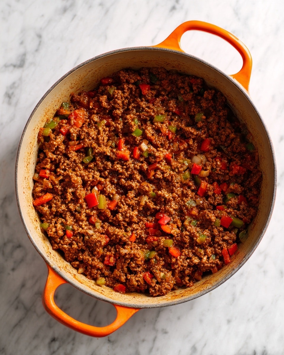 A large orange pot with two handles, filled with cooked ground meat mixed with small chopped pieces of red and green bell peppers and white onions. The meat and vegetables are evenly spread inside the pot, showing a mix of brown, red, green, and white colors with a slightly oily texture. The pot sits on a white marbled surface. Photo taken with an iphone --ar 4:5 --v 7
