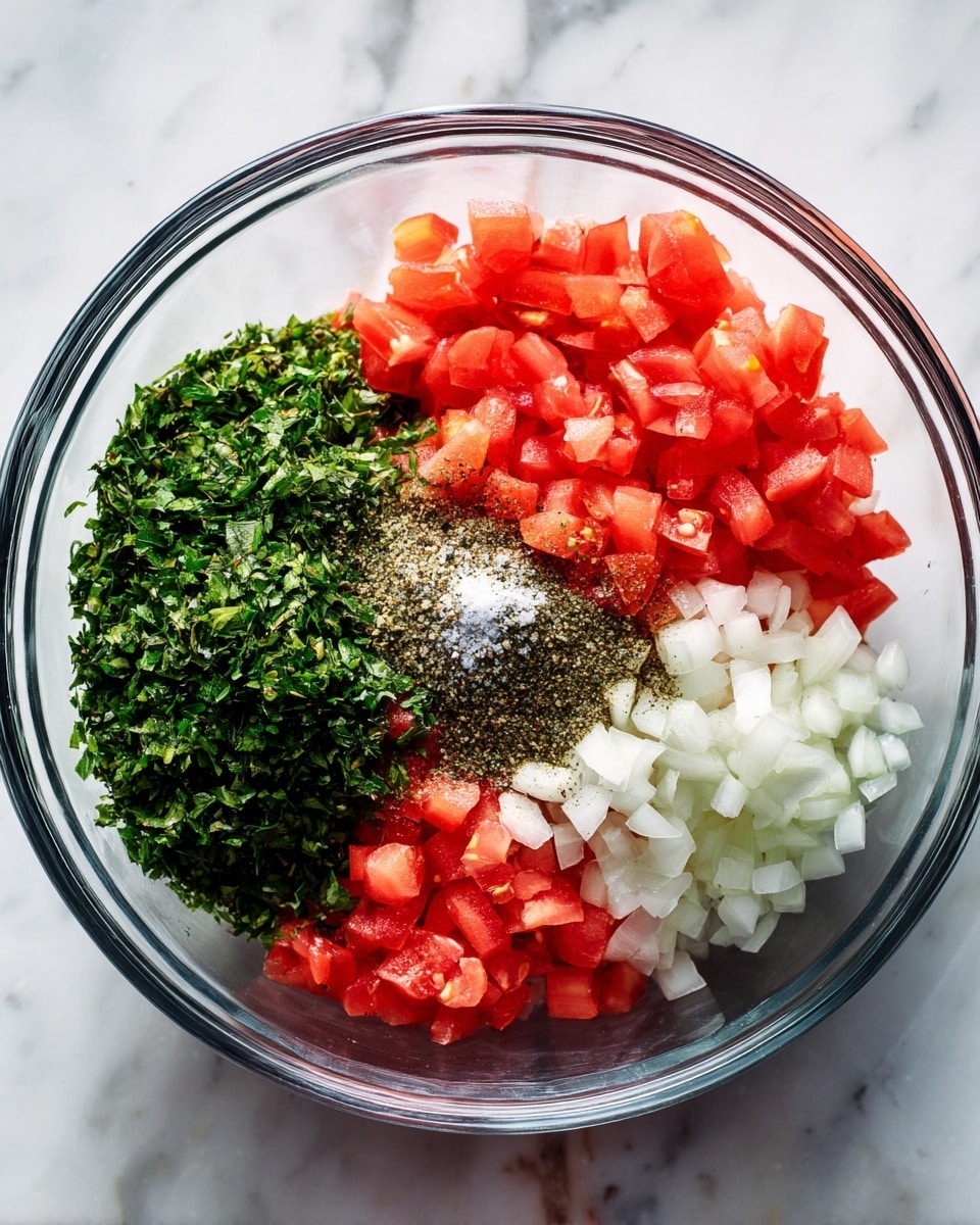 A clear glass bowl holds four main layers arranged separately: at the top right, there are bright red, diced tomato pieces, below them on the right, white chopped onions fill the space, on the left side, a large pile of finely chopped green herbs covers about half the bowl, and a small mound of coarse black pepper sits between the tomatoes and the herbs, with a pinch of coarse white salt just below it. The bowl rests on a white marbled surface. photo taken with an iphone --ar 4:5 --v 7