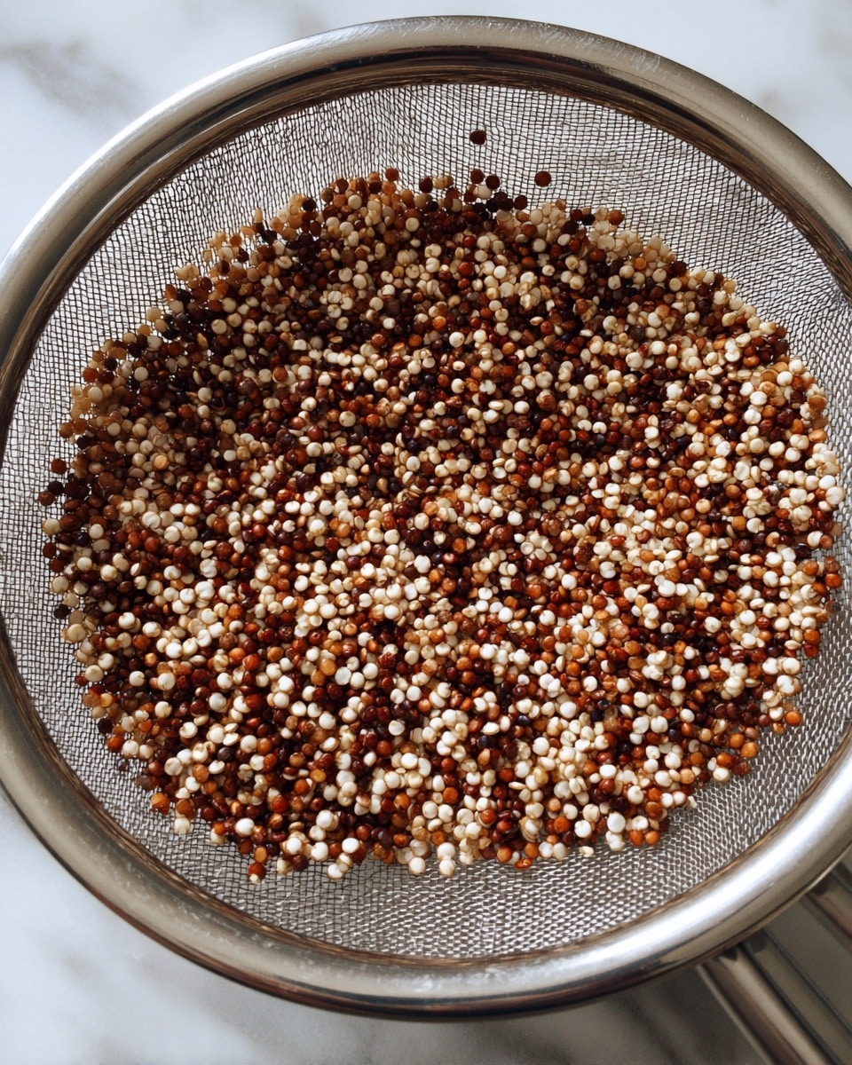 A close-up view of cooked quinoa grains inside a fine metal mesh strainer, showing a mix of small, round grains in white, light brown, and dark brown colors. The quinoa appears fluffy and slightly clumped together, with the strainer rim visible at the edges. The background is a white marbled texture. photo taken with an iphone --ar 4:5 --v 7
