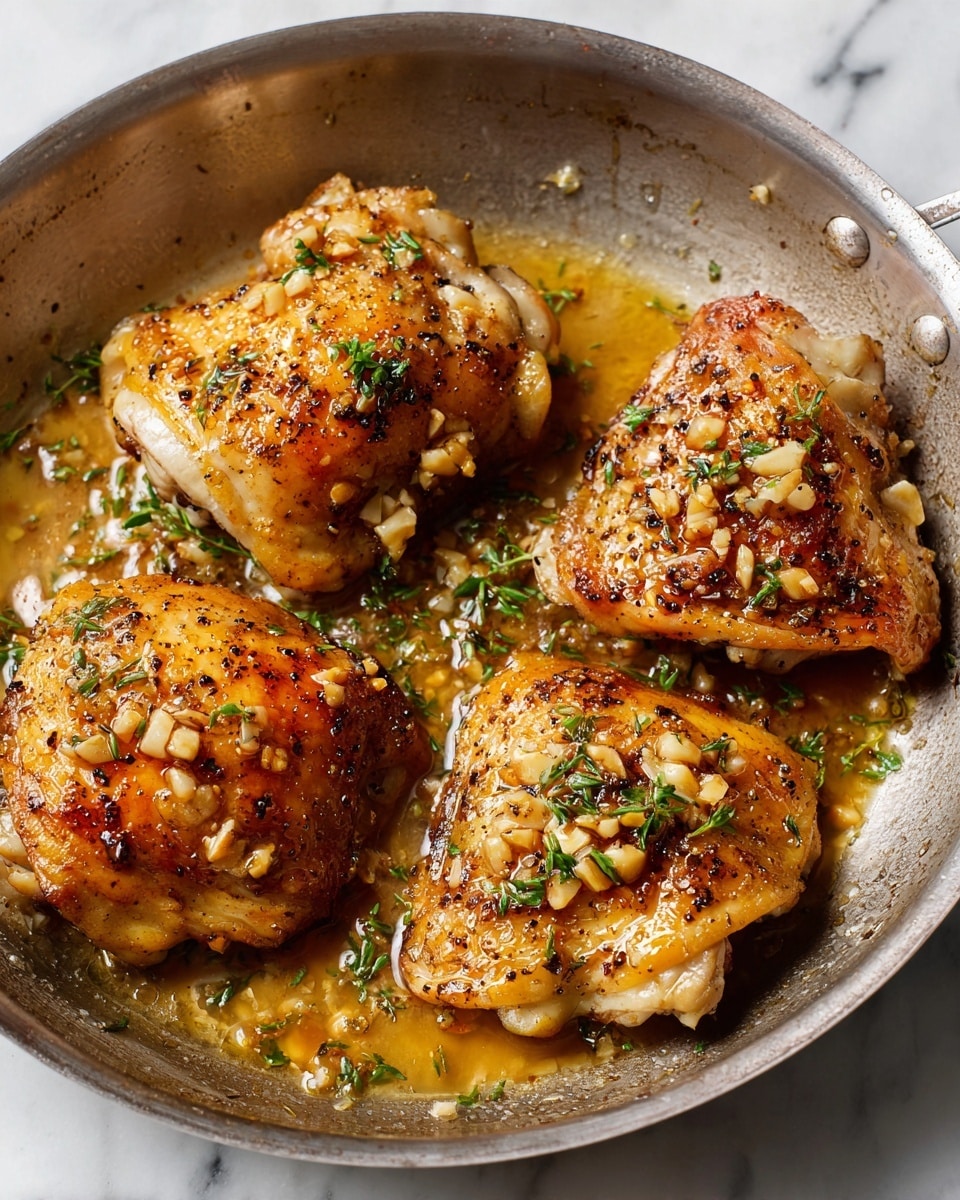 The image shows a close-up of a metal pan with four cooked chicken thighs arranged on it. Each chicken thigh is covered in a golden-brown sauce with visible small chunks of garlic or nuts spread over the surface. The sauce looks shiny and slightly thick, coating the chicken evenly with a few oil spots pooling around them on the pan. The skin on the chicken is slightly crisp and browned, giving a textured look with some darker pepper specks. The metal pan is on a white marbled surface. Photo taken with an iphone --ar 4:5 --v 7