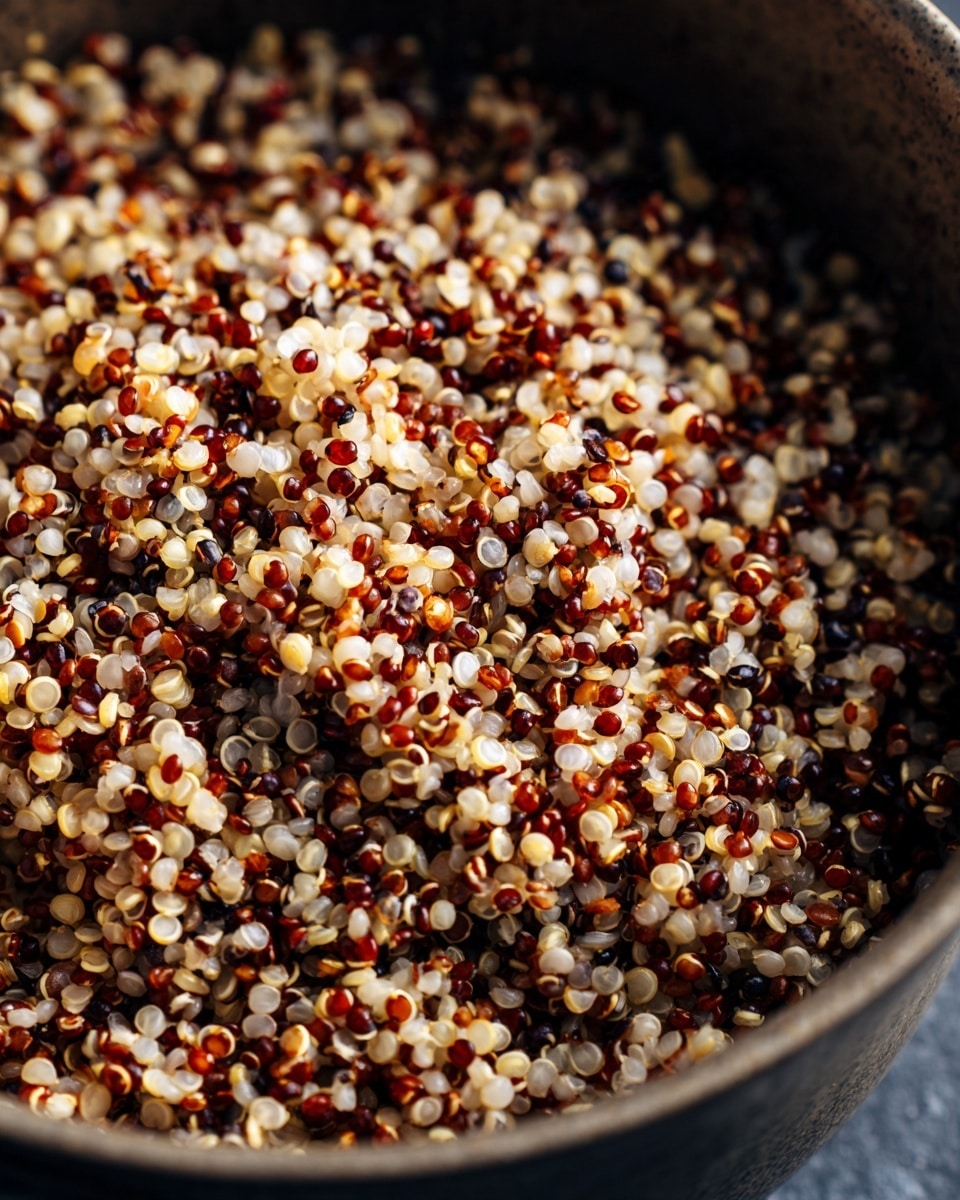 This image shows a close-up of cooked quinoa in a pot. The quinoa grains are fluffy and have a mix of colors including white, red, and black, creating a speckled pattern. The texture looks light and slightly soft with individual grains clearly visible. The background inside the pot is blurred but hints at a dark-gray surface. The focus is on the quinoa filling most of the frame, showing the small round grains in detail. photo taken with an iphone --ar 4:5 --v 7