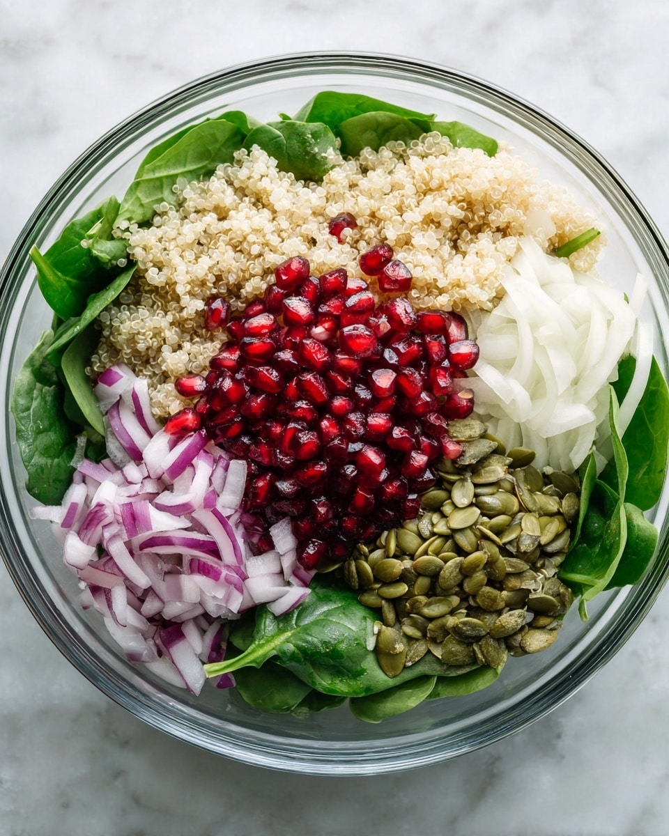 A clear glass bowl contains a layered salad on a white marbled surface. The bottom layer is green leafy spinach, topped with a layer of light-colored cooked quinoa. On top of the quinoa, there are four sections: bright red pomegranate seeds clustered in the center, thinly sliced white and purple onion on one side, pale green pumpkin seeds on another, and more spinach leaves peeking around the edges. The textures range from soft quinoa to crunchy seeds and fresh leaves. photo taken with an iphone --ar 4:5 --v 7
