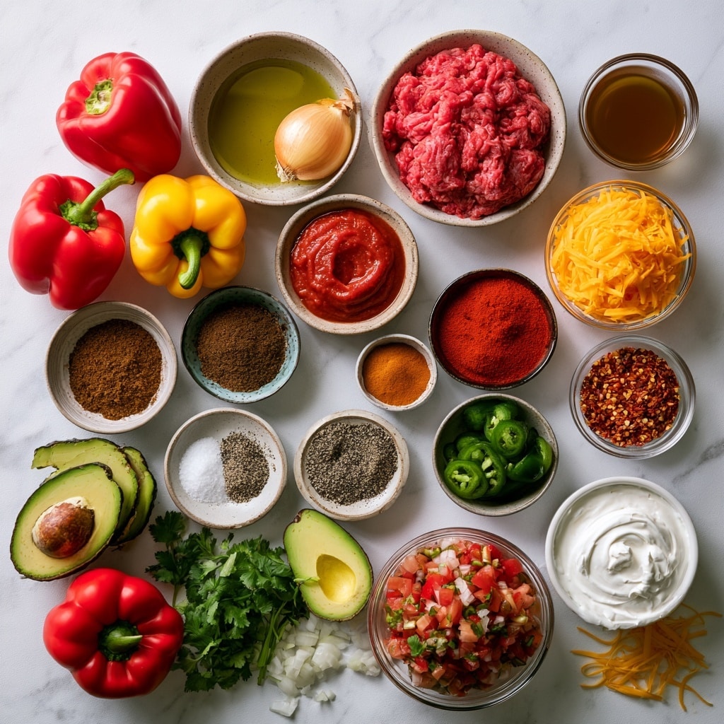 The image shows a sequence of four photos arranged in a grid that tells how to make stuffed bell peppers. The top left photo shows a white oval dish filled with halved red and yellow bell peppers, hollowed out and ready for filling, placed on a white marbled surface. The top right photo shows a black frying pan filled with cooked ground meat mixed with chopped onions, right next to small bowls containing sauce and spices, all on a white marbled surface. The bottom left photo shows the same pan with the meat mixture now covered in a rich, dark sauce. The bottom right photo shows a close-up of a woman's hand holding a spoon filled with the cooked meat mixture, filling the hollow red and yellow bell peppers in the white dish. Photo taken with an iphone --ar 4:5 --v 7