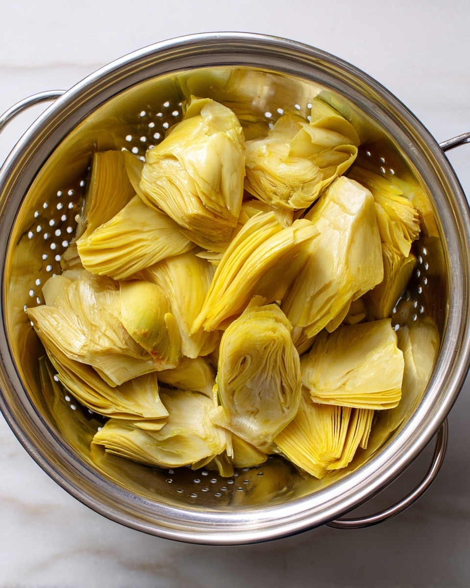 Inside a shiny steel colander, there are many pieces of soft, light yellow artichoke hearts with layered, petal-like textures. The pieces vary in size and shape, some showing smooth, curved layers, and others with more fine, fibrous layers. The colander has fine holes visible along with a solid rim, and it's placed inside a matching steel bowl, all on a white marbled surface. The light reflects gently on the moist artichoke pieces, making the texture clear and fresh. photo taken with an iphone --ar 4:5 --v 7