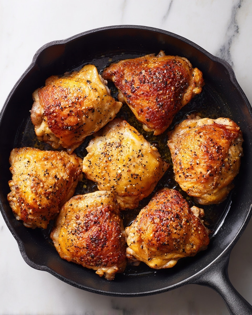 In a black cast iron pan on a white marbled surface, there are six pieces of golden brown cooked chicken thighs arranged closely together, each with a crispy, textured skin sprinkled lightly with black pepper. The chicken skin shows a range of warm yellow to light brown colors, indicating it is well cooked and slightly crisp. The pan's handle extends out of the frame on the right side, and the shiny black surface contrasts with the light background, highlighting the juicy and tender look of the chicken pieces photo taken with an iphone --ar 4:5 --v 7