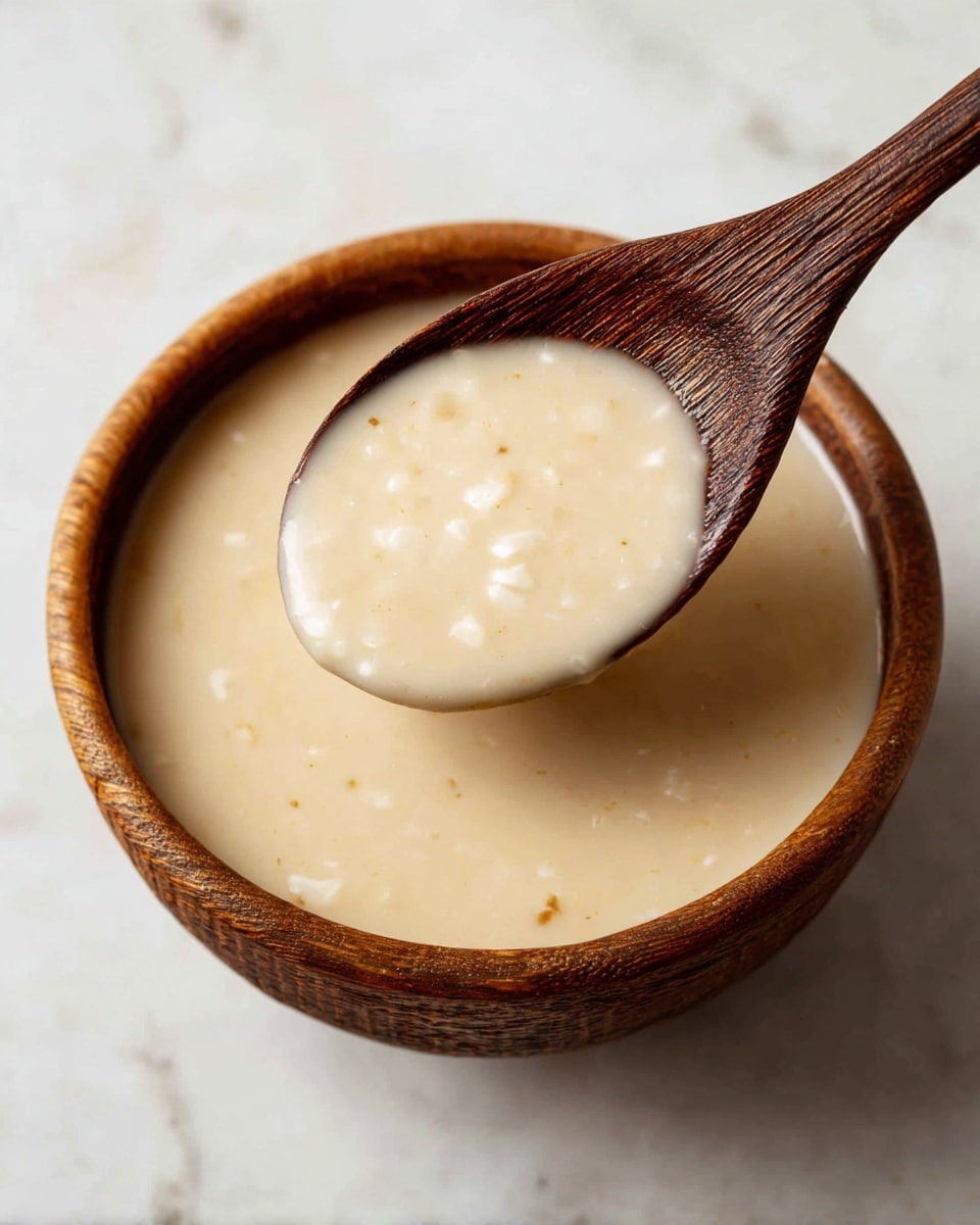 A close-up view of creamy light tan soup with small white chunky pieces floating in it, held by a wooden spoon with a deep brown color and textured grain. The spoon is dipping into the thick soup, showing the smooth and slightly grainy texture with small lumps throughout. The background is a white marbled texture. photo taken with an iphone --ar 4:5 --v 7