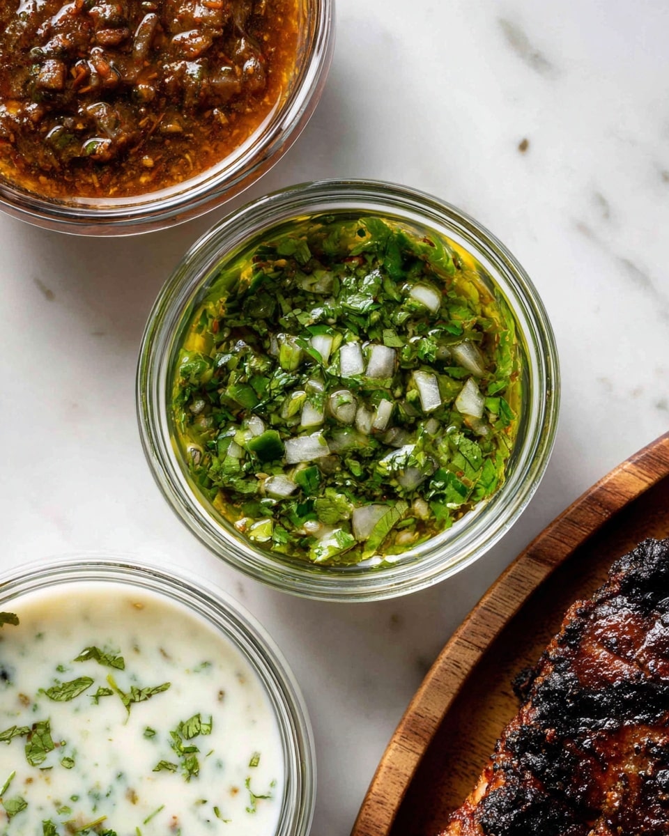 The image shows three small clear glass bowls placed close to each other on a white marbled surface. The top bowl contains a thick, chunky brown sauce with visible herbs and spices, filled nearly to the top and showing oily separation. The middle bowl has a bright green sauce made of finely chopped herbs like cilantro mixed with small pieces of white onion, all in a pool of olive oil. The bottom bowl holds a creamy, white sauce with a smooth texture and small green herb flecks dispersed throughout. On the right edge, part of a grilled food item with a dark brown char is partially visible. Photo taken with an iphone --ar 4:5 --v 7