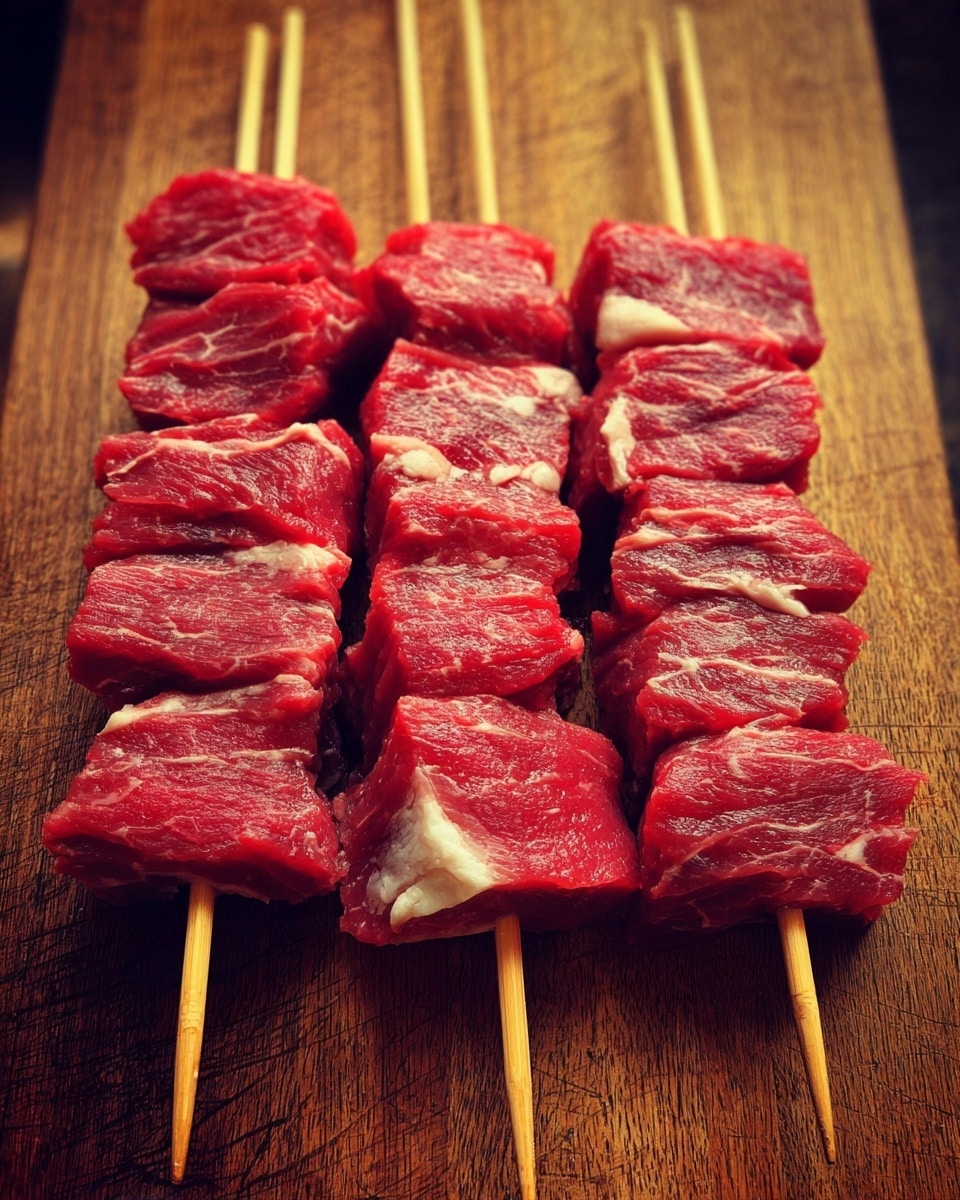 Several raw pieces of red meat with white fat are skewered on long, pointed light wooden sticks. Each skewer has multiple thick, uneven meat layers stacked close together. The skewers are placed vertically against a warm brown wooden cutting board with a textured surface. The lighting highlights the rich red and white marbled colors of the meat clearly. photo taken with an iphone --ar 4:5 --v 7