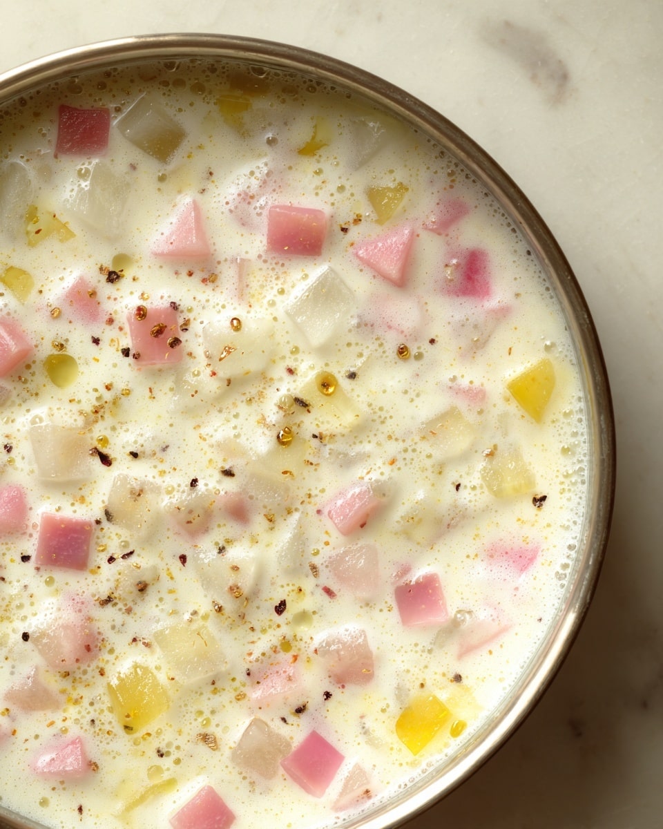 A close-up view of a metal pan filled with a creamy white liquid that has small cubes of pale pink and yellow ingredients floating throughout, with tiny dark specks scattered around. The surface of the liquid has a slightly frothy texture with droplets of oil shining on top. The pan is placed on a white marbled background. photo taken with an iphone --ar 4:5 --v 7