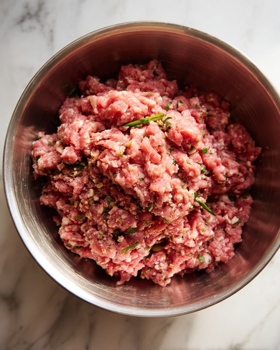 A close-up image showing a metal bowl filled with raw ground meat mixed with visible small bits of herbs and spices, creating a textured pink and light brown color with uneven, chunky shapes piled loosely inside the bowl. The bowl is placed on a white marbled surface. photo taken with an iphone --ar 4:5 --v 7