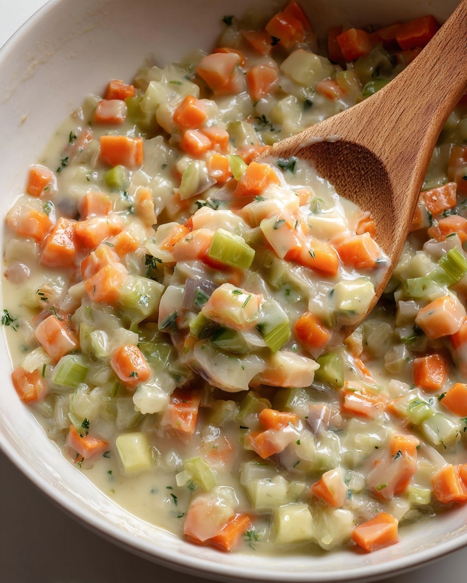 The image shows a close-up of a white bowl filled with a mixture of small chopped vegetables including orange carrots, pale green celery, and translucent white onions all combined in a creamy, slightly shiny sauce. A wooden spoon with a natural light wood tone is partially inserted into the mixture, lifting some of the vegetables. The inside of the bowl has streaks of the sauce around the edges. The colors of the vegetables contrast softly with the white bowl and light wooden spoon. The photo is taken with an iphone --ar 4:5 --v 7