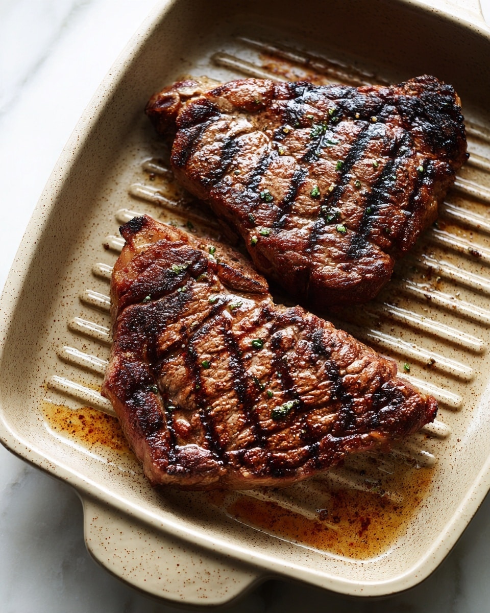 The image shows two pieces of grilled steak with dark char marks and some blackened spots, resting in a beige grill pan. The steaks have a rich brown color with seared lines running across them and appear juicy with visible oil and meat juices pooling around. The grill pan has ridges with browned bits and oil residue, creating a textured base. The pan's surface has a slightly rough, speckled look, complementing the cooked meat. The photo is taken from above on a white marbled surface. photo taken with an iphone --ar 4:5 --v 7
