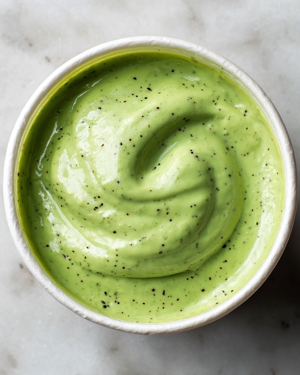 A close-up of a thick, smooth green sauce or dressing with small black specks evenly spread inside. The sauce fills the inside of a container with visible ridged edges wrapping around the sauce. The green color is bright and vibrant with a creamy texture that covers the container's sides. The photo is taken on a white marbled surface. photo taken with an iphone --ar 4:5 --v 7