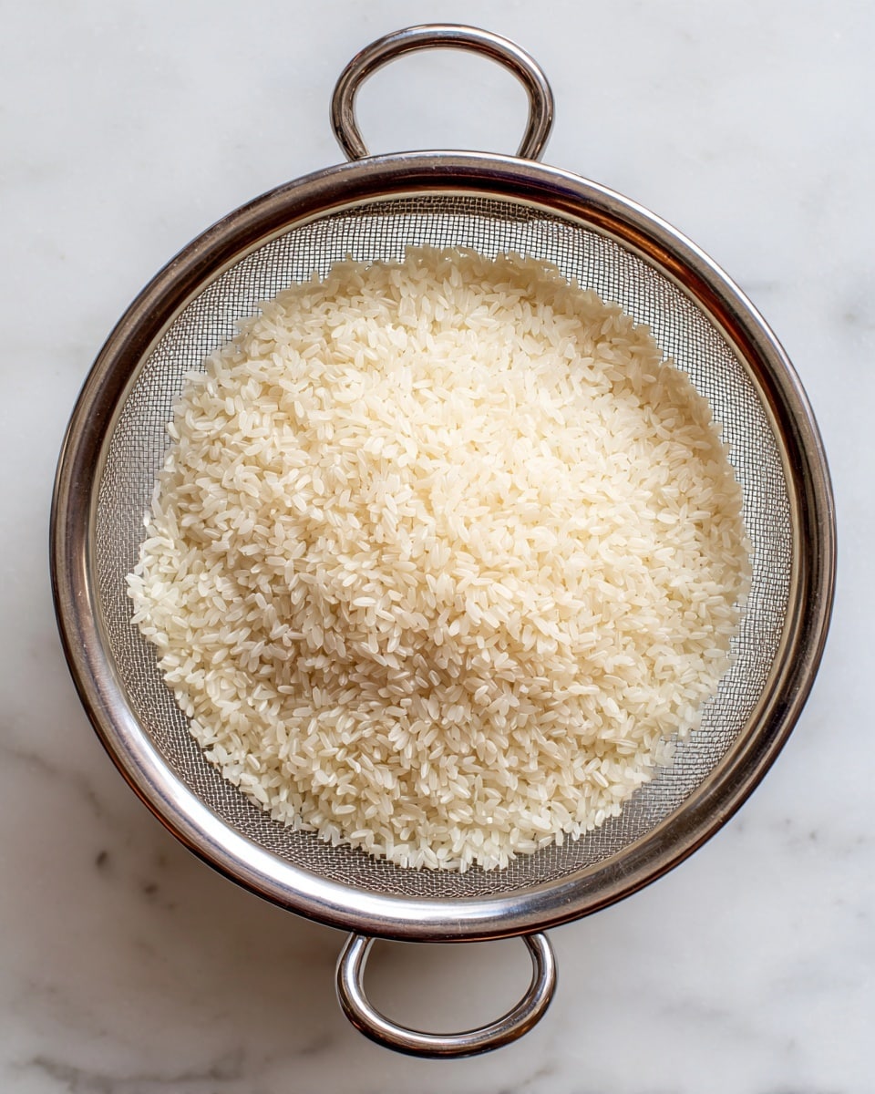 The image shows a silver metal strainer filled with white rice grains, placed on a white marbled surface. The strainer has two handles on each side and a fine mesh texture. The rice fills the lower center part of the strainer, with each grain clearly visible and slightly clumped together. The overall scene is clean and bright with a simple kitchen feel. photo taken with an iphone --ar 4:5 --v 7