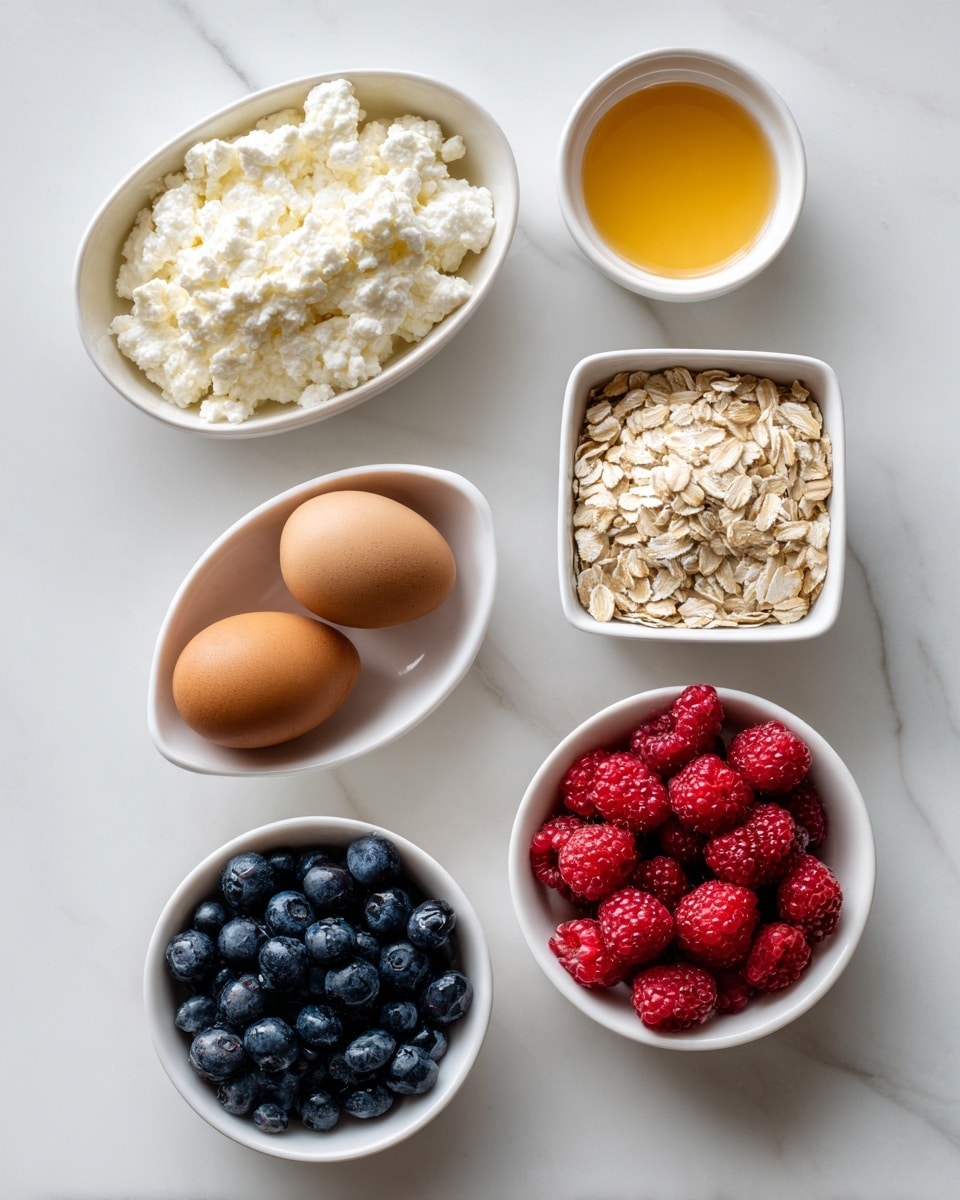 The image shows six small white dishes arranged on a white marbled surface. One oval dish holds a rough white cottage cheese texture. Another oval bowl is filled with light beige rolled oats. A small square dish contains two brown eggs with smooth shells. A round bowl has a mix of red raspberries and dark blue blueberries. A tiny round bowl is filled with golden honey. The white marbled background contrasts softly with the natural colors of the ingredients, creating a fresh and clean look. photo taken with an iphone --ar 4:5 --v 7