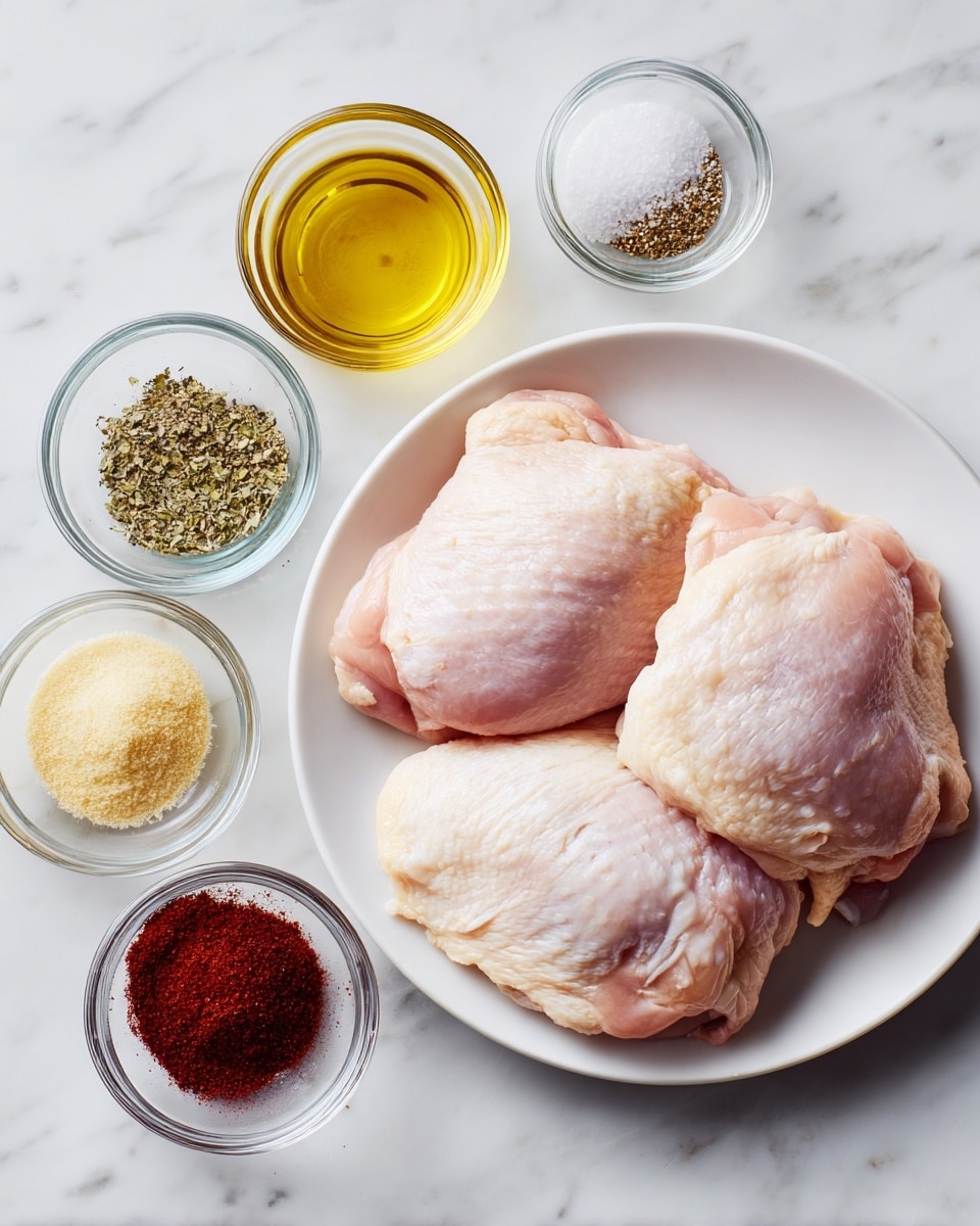 Two raw chicken pieces lay side by side on a white plate placed on a white marbled surface. Around the plate, there are five small clear glass bowls holding different ingredients: one with a yellow-green spice, another with a mix of black pepper and white salt, one with a golden liquid that looks like oil, a bowl with a pale yellow powder, and a bowl with a deep red powder. The arrangement is neat and all items are spaced evenly around the plate. Photo taken with an iphone --ar 4:5 --v 7