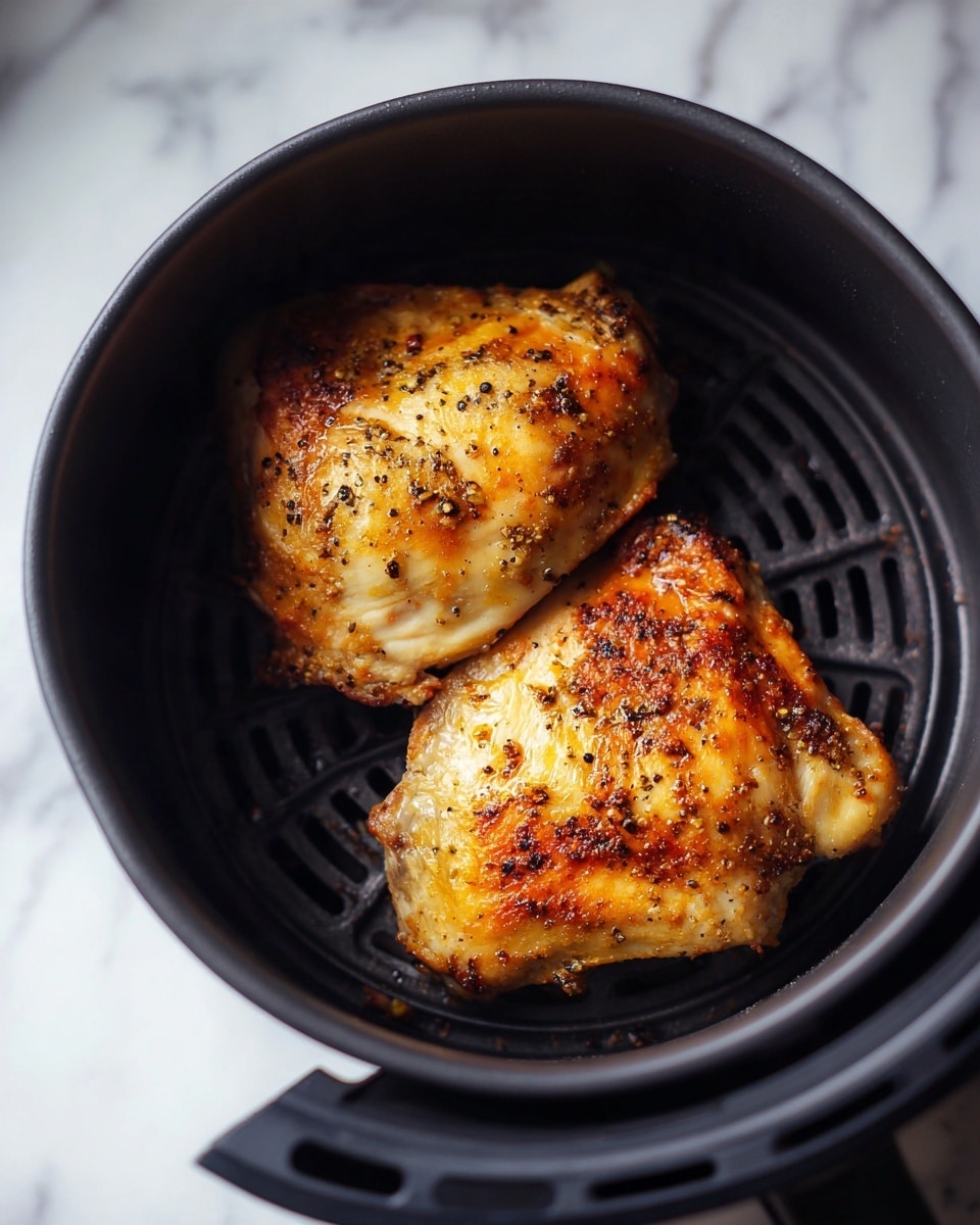 The image shows two golden brown cooked chicken pieces inside a black air fryer basket. The chicken pieces have a slightly crispy, seasoned surface with small black pepper and spice specks, giving a textured look. The basket has a round shape with slotted grooves at the bottom and is placed on a white marbled surface. Photo taken with an iphone --ar 4:5 --v 7