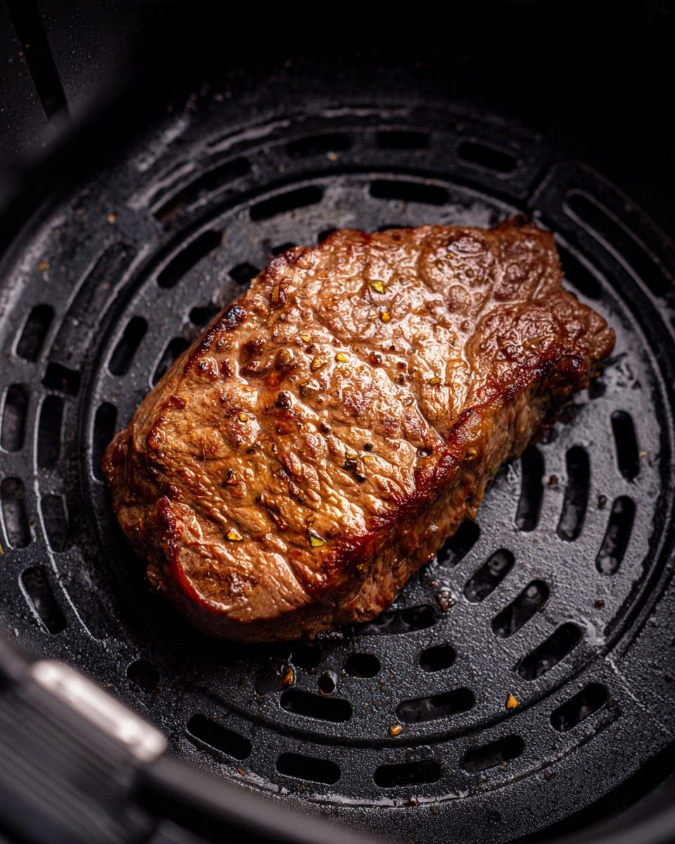 A cooked steak with a rich brown color and a shiny, moist surface sits inside a black air fryer basket. The steak shows a slightly uneven texture with some small bits of char and varying shades of brown, indicating it is well-cooked. The black basket beneath has multiple slotted holes for air circulation, and the surrounding air fryer interior is also black with a smooth finish. The scene is simple, focusing closely on the steak inside the air fryer. Photo taken with an iphone --ar 4:5 --v 7