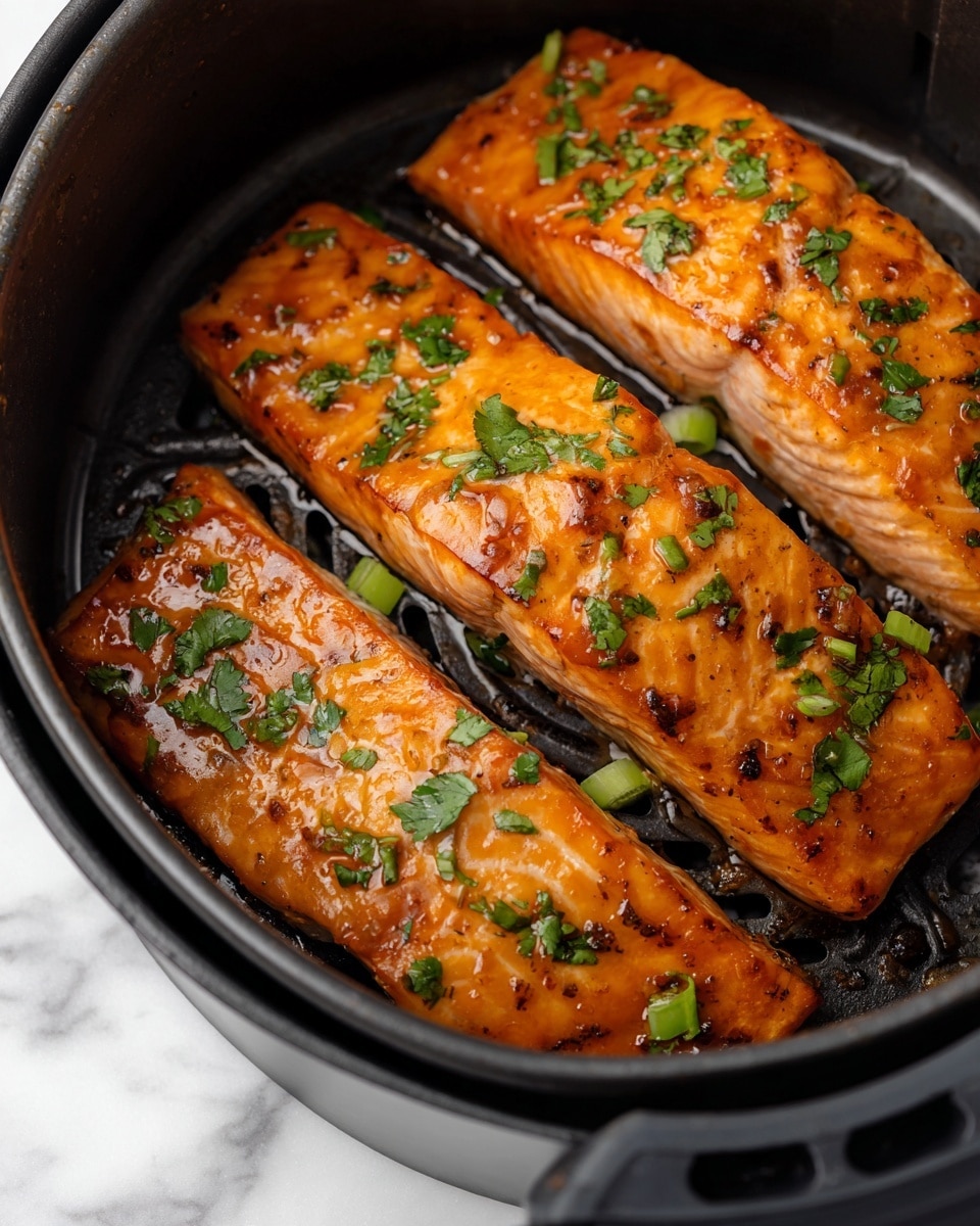 Three thick salmon fillets with a shiny orange glaze sit closely together inside a black air fryer basket. Each fillet has small pieces of green onion and fresh cilantro leaves sprinkled on top, adding bright green color. The surface of the fish looks moist and slightly caramelized with some darker spots around the edges. The background beneath the basket is a white marbled texture. Photo taken with an iphone --ar 4:5 --v 7