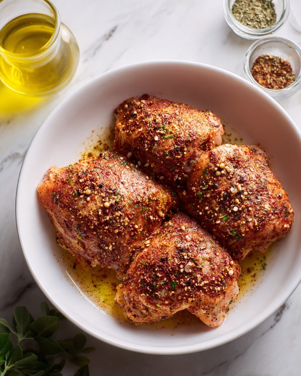 The image shows four pieces of raw chicken thighs in a white bowl, each piece covered with a mix of spices including a reddish powder, black and white specks, and some green herbs seasoning the surface. The chicken pieces are arranged to fill the bowl evenly, sitting on a visible layer of oil that adds a shiny texture underneath them. The bowl is placed on a white marbled surface with a small glass container of yellow oil and two small spice jars nearby, along with a green herb slightly blurred in the background. Photo taken with an iphone --ar 4:5 --v 7