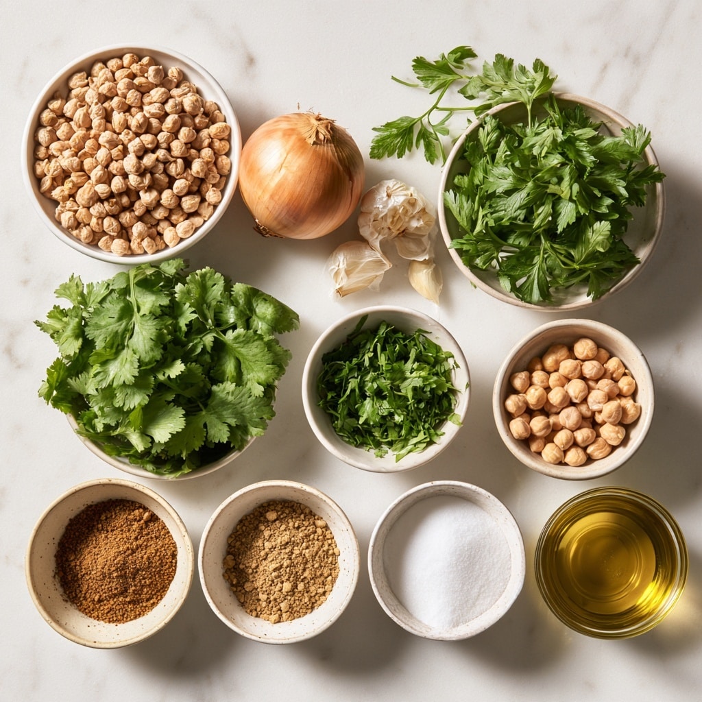 A clear food processor bowl sits on a white marbled surface, filled with several layers of ingredients separated but visible: a pile of light brown chickpeas occupies about half the bowl; next to the chickpeas are chopped white onions and green chopped herbs, likely parsley; there is also a section of white grainy crumbs, possibly breadcrumbs, and a sprinkling of light brown seasoning dusted over the onions and crumbs. The center has a dark gray blade attachment. Photo taken with an iphone --ar 4:5 --v 7