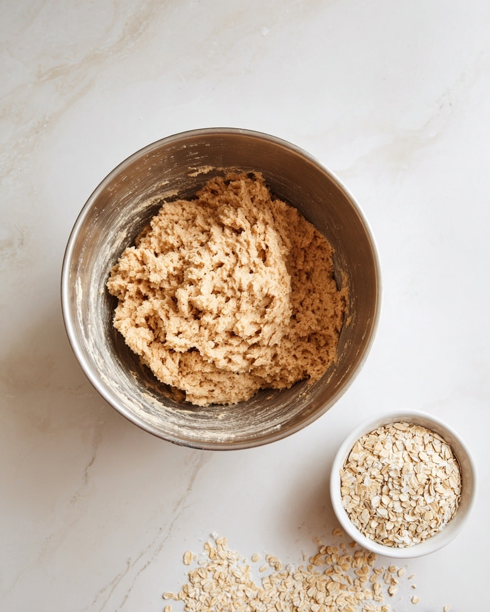 A top-down view of a single metal mixing bowl filled with a thick light brown dough mixture that has a rough, slightly grainy texture and small darker bits throughout. The dough sticks to the sides of the bowl in uneven clumps. To the right of the bowl, there is a small white cup filled with rolled oats, placed on a white marbled surface. The scene is simple and clean with a soft natural light. photo taken with an iphone --ar 4:5 --v 7