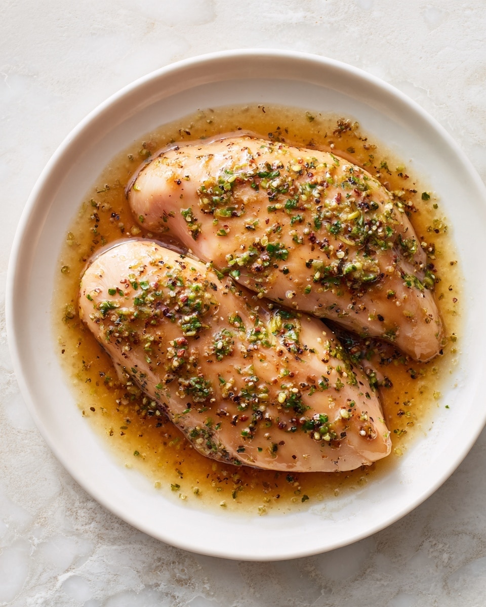 On a white round plate, there are two large raw chicken pieces lying flat side by side, covered in a shiny marinade that has a light brown color with small green herb flakes and specks of black pepper spread evenly on the surface. The marinade creates a slightly wet texture with visible streaks and pools around the edges of the meat. The plate is placed on a white marbled textured surface. photo taken with an iphone --ar 4:5 --v 7