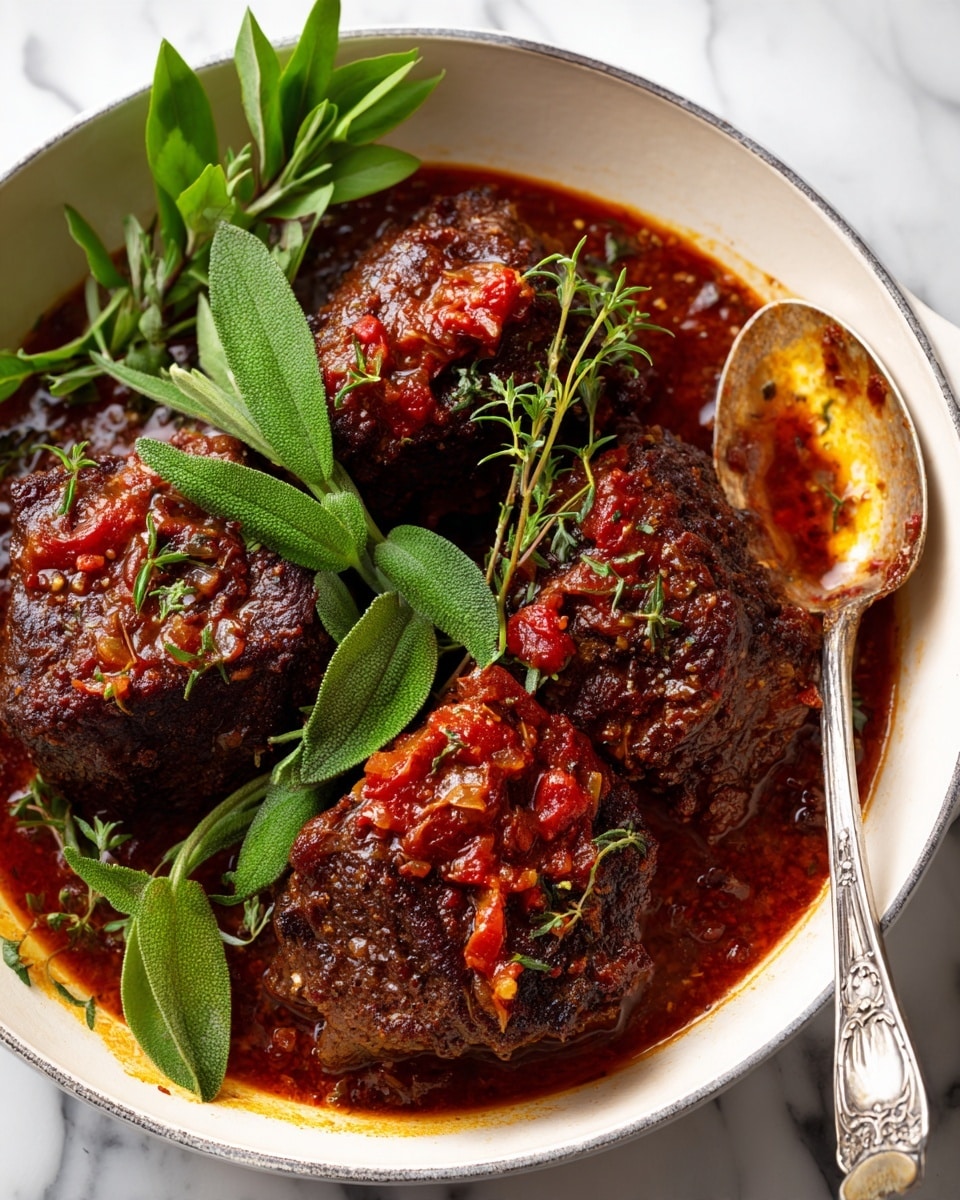 The image shows three large pieces of dark brown cooked meat with a slightly rough texture in a white pan. The meat is covered partially with a reddish-brown thick sauce that has chunks of tomatoes and herbs. Fresh green leaves and herb sprigs, including sage and thyme, are placed on top of the meat. A metal spoon with some sauce is resting on the edge of the pan on the right side. The white pan is placed on a white marbled surface. Photo taken with an iphone --ar 4:5 --v 7