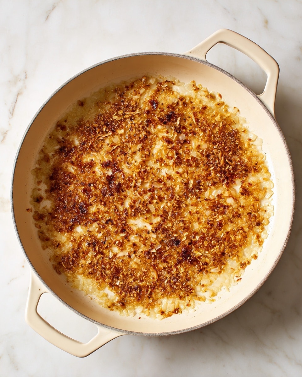 A white pan with handles is placed on a white marbled wood surface. Inside the pan, there is one layer of finely chopped onions that are golden brown with some darker caramelized spots. The onions are spread loosely across the pan surface, showing texture with small bits and bits of seasoning sprinkled over them. The pan’s interior has a smooth cream color, contrasting with the rich tones of the cooked onions. The overall look is warm and slightly rustic. photo taken with an iphone --ar 4:5 --v 7