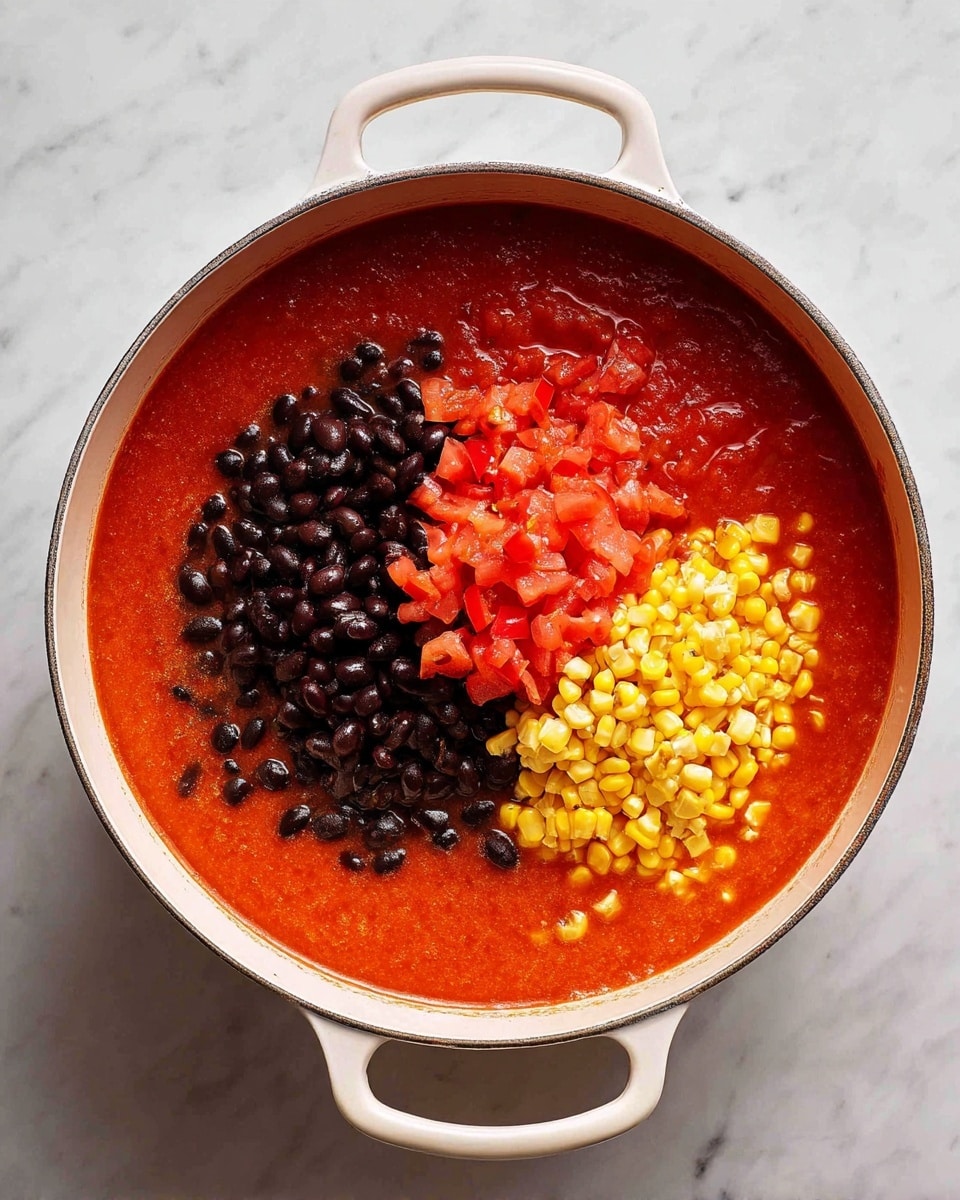 A white pot filled with a bright red broth as the base, mostly covering the surface. On top, three distinct piles sit close to each other: dark, shiny black beans on the left, a cluster of finely chopped red tomatoes near the top right, and a spread of light yellow corn kernels at the bottom right. The pot has two handles, and the whole scene is set on a white marbled surface visible around the pot edges. photo taken with an iphone --ar 4:5 --v 7