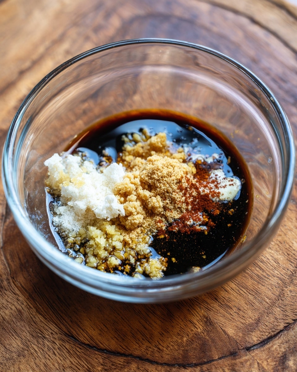 A clear glass bowl sits at the center on a wooden surface, containing a mix of ingredients. The base layer shows a dark brown liquid, likely soy sauce, spreading evenly on the bottom. Above this, there are small clumps of light tan and yellow textures, with what seems like minced garlic on one side and pale brown granules at the center. There are also some small chunks of a white ingredient with hints of red, scattered around the dark liquid. The overall look is a rough mix of sauces and spices layered close to the bowl’s bottom, with a shiny and wet texture. photo taken with an iphone --ar 4:5 --v 7