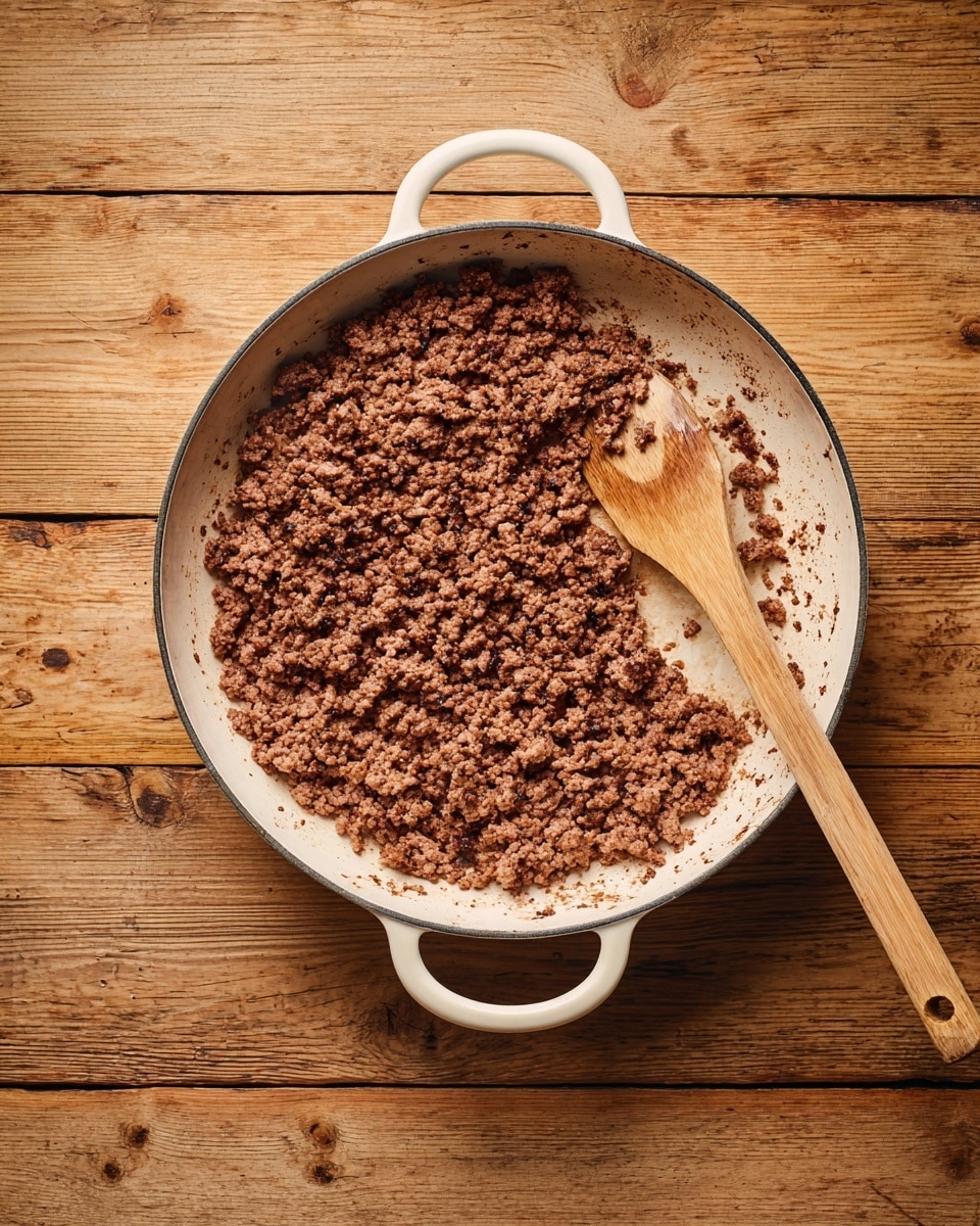 A white pan with two handles holds a layer of cooked ground meat, browned and crumbly with darker edges, spread unevenly across the surface. A wooden spatula rests inside the pan on the right side, partially covered with bits of the meat, showing a light natural wood texture. The pan sits on a wooden surface with some marks and knots, creating a warm contrast to the pan. photo taken with an iphone --ar 4:5 --v 7