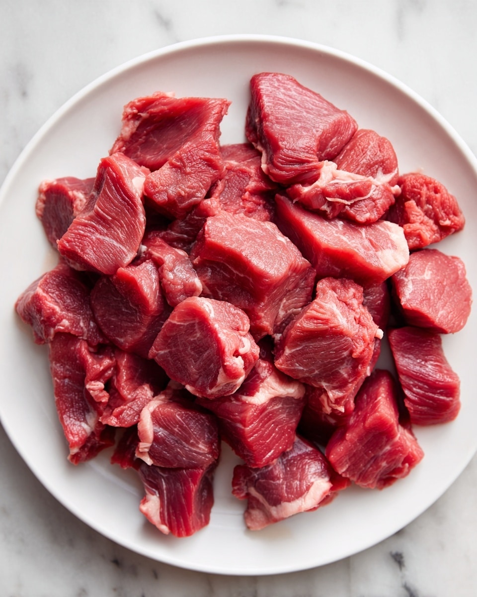 A white plate filled with many small pieces of raw red meat arranged closely together, showing a mix of deep red and slightly darker brown textures with some fat visible in the meat. The plate is placed on a white marbled surface. photo taken with an iphone --ar 4:5 --v 7