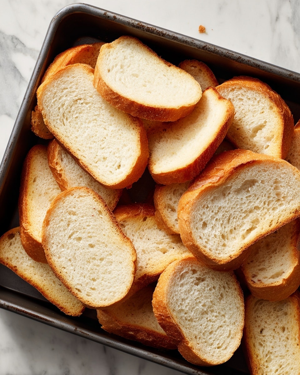 A dark metal baking tray filled with fifteen slices of bread, varied in size and shape but mostly oval with a golden-brown crust and soft light beige inside. The slices overlap each other, creating a layered texture with the crust edges visible mostly on the sides. The tray rests on a white marbled surface with faint grey veins, and the bread’s soft texture contrasts with the worn look of the baking tray. photo taken with an iphone --ar 4:5 --v 7