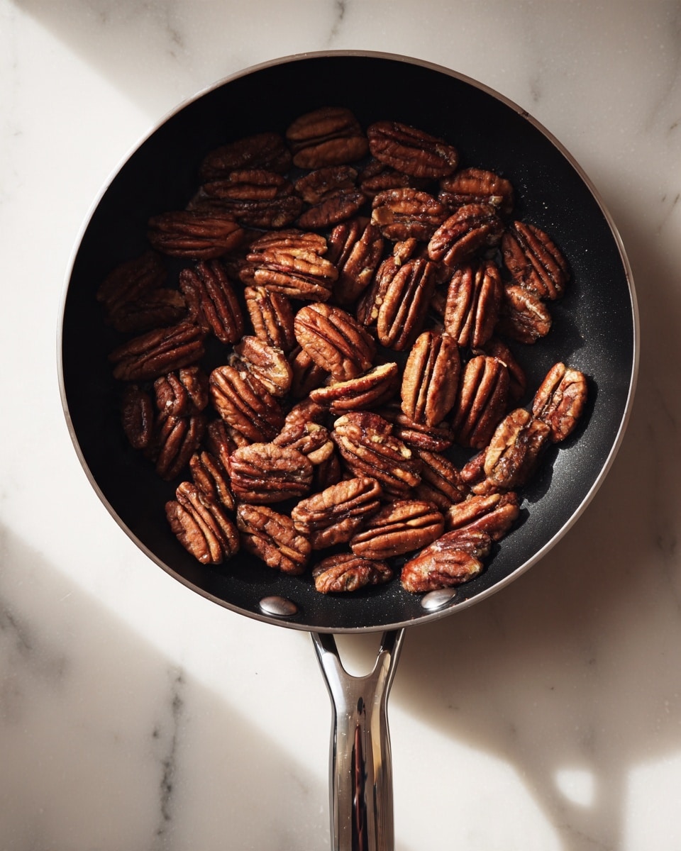 A black frying pan filled with many toasted brown pecans, showing their rough, ridged textures. The pan has a shiny silver handle extending downwards and is placed on a white marbled surface with soft light highlighting the nuts. photo taken with an iphone --ar 4:5 --v 7