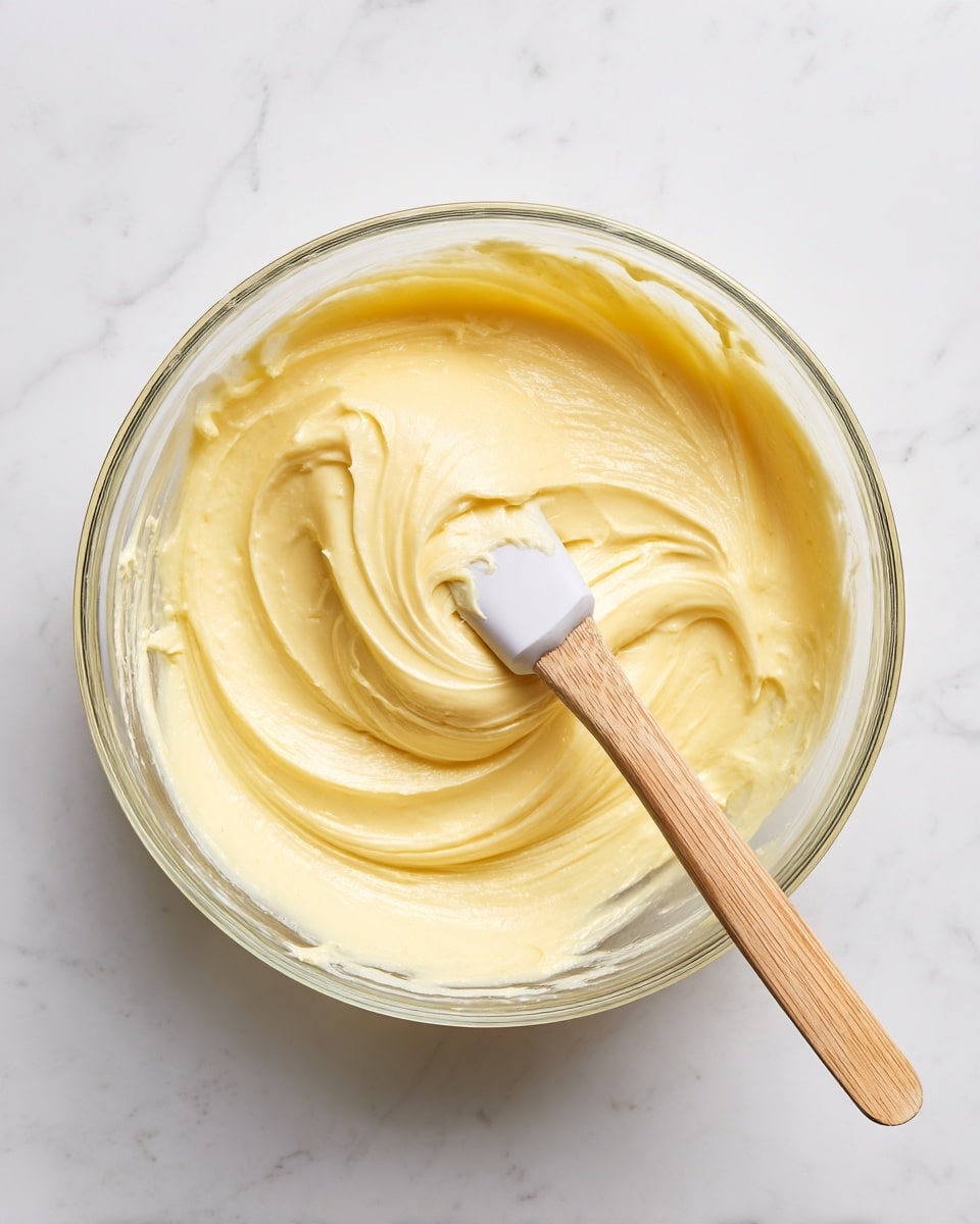 A clear glass bowl holds a creamy, smooth yellow batter with a slightly thick texture. The batter fills about half of the bowl's interior, visibly swirled with light yellow peaks and soft folds showing a gentle motion of mixing. A wooden spatula with a white silicone tip rests inside the bowl, partially submerged in the batter, with a small amount of batter clinging to it. The bowl is placed on a white marbled surface, creating a clean and simple kitchen scene. photo taken with an iphone --ar 4:5 --v 7