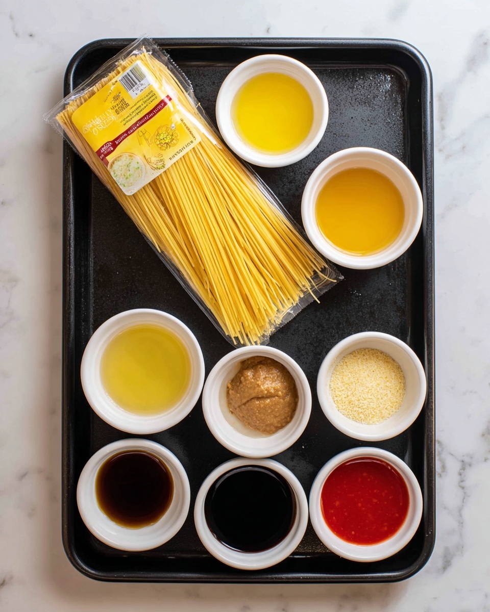 The image shows a black baking tray on a white marbled surface holding a package of yellow Pad Thai rice noodles on the left side. Around the package, there are eight small white bowls arranged mostly on the right and bottom edges of the tray. Each bowl contains different ingredients: one has a yellow liquid resembling oil, another bowl holds a thick light brown paste, a third bowl is filled with a dark brown liquid, and a fourth has a bright red sauce. Other bowls contain a light translucent liquid, a clear liquid, a pale yellow grated or minced substance, and a light brown liquid. The setup is organized, clean, and ready for cooking. Photo taken with an iphone --ar 4:5 --v 7