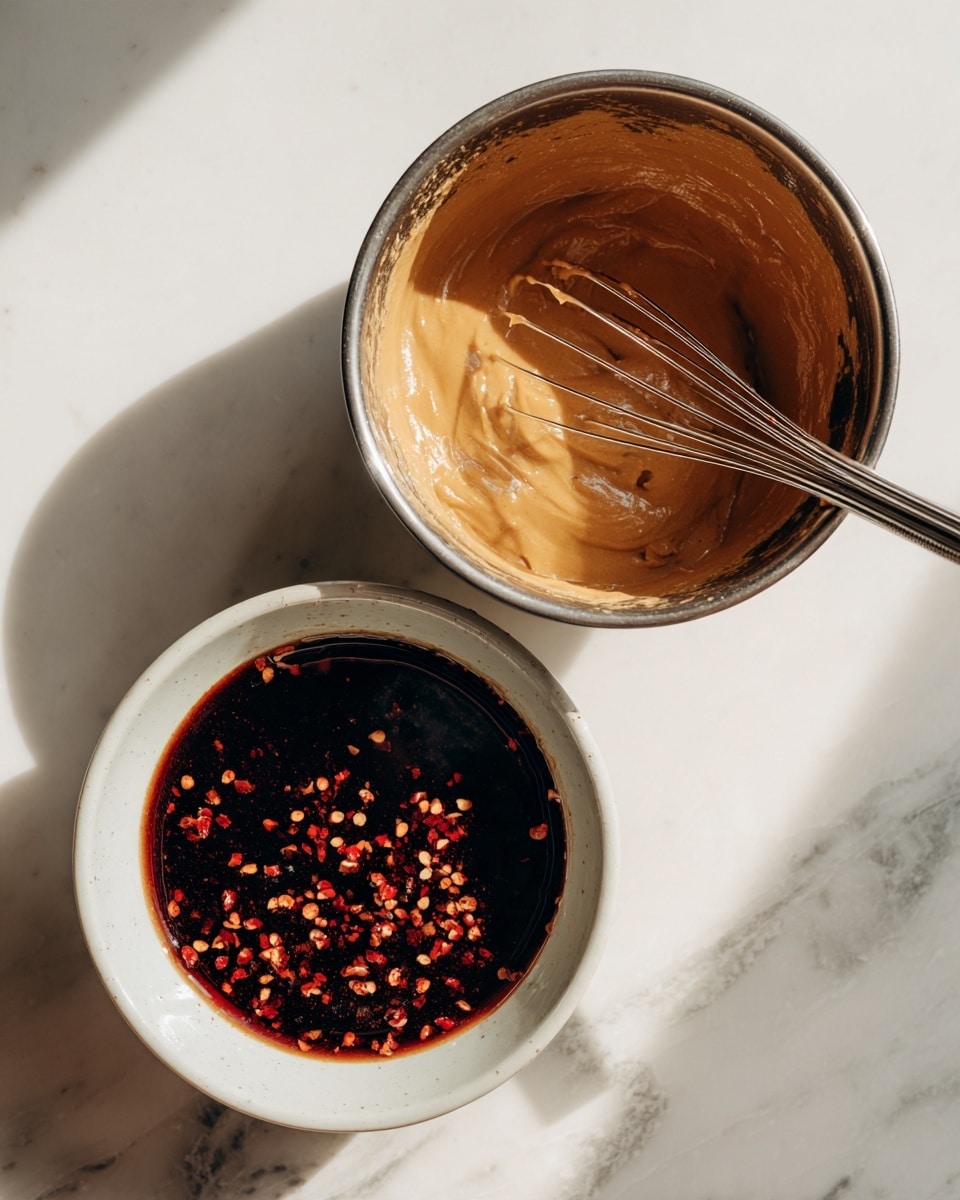 The image shows two close-up views of a mixing bowl and a saucepan on a white marbled surface. On the left, there is a white bowl filled with dark sauce mixed with red chili flakes and a thick, creamy smooth tan paste on top, showing a mix of rough and smooth textures. On the right, there is a silver saucepan with thick caramel-colored sauce inside, with a silver whisk resting in it, showing a smooth, shiny surface. The lighting is bright and natural. Photo taken with an iphone --ar 4:5 --v 7